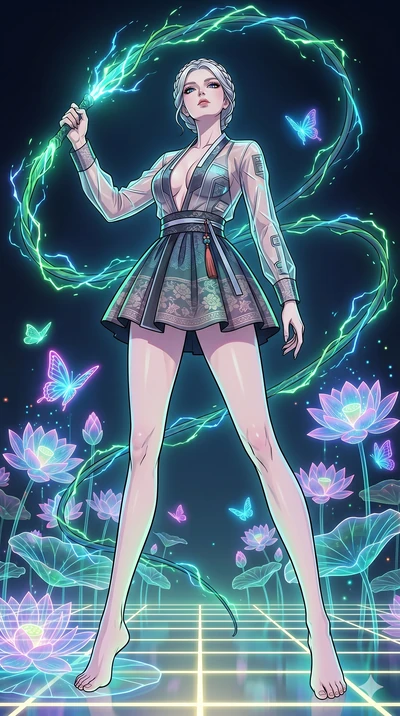 score_9, masterpiece, best quality, ultra-detailed, High-budget Anime Keyframe, vibrant colors, fluid line-art, expressive lighting, cinematic composition, Ufotable-style visual effects, top-tier animation quality, Korean woman with idol-like refined