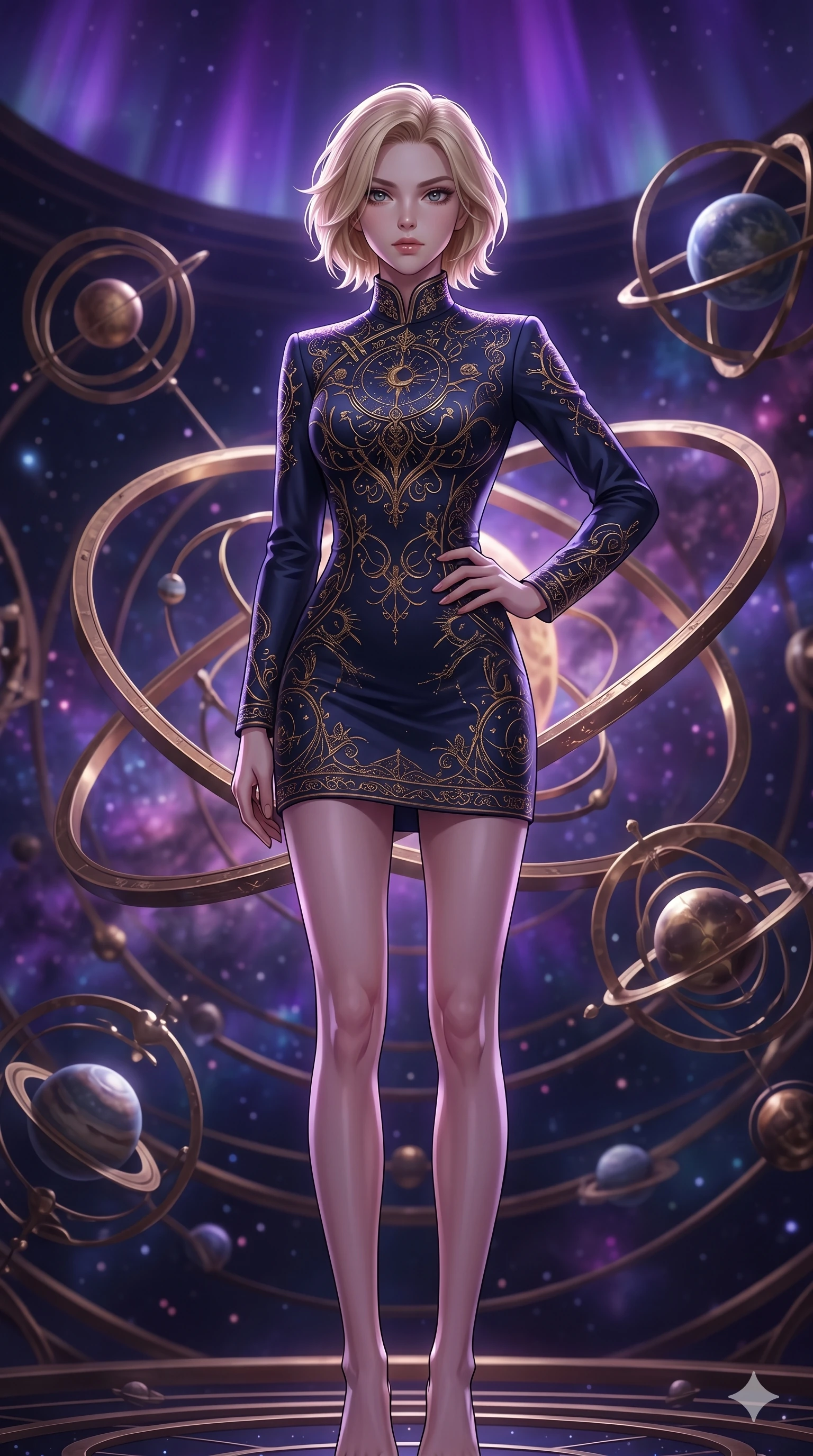 score_9, masterpiece, best quality, ultra-detailed, high-budget anime keyframe, editorial fashion photography, tasteful artistic composition, Caucasian woman, strictly human ears. cowboy shot from the thighs up, character and outfit filling the frame for maximum editorial presence. holding a confident power pose with one hand on her hip, looking directly into the camera with quiet self-assurance inside a cosmic astrolabe chamber with floating brass rings (Code-P17-001). She has an absolutely perfect 8-heads proportion, an exceptionally tall and slender female figure with impossibly long slender legs and an ultra-slim waist. V-shaped jawline, high-bridge nose, intricate jewel-like eyes with depth, thick eyelashes, glossy lips with a natural sheen. wearing a high-collared structured silk dress with long sleeves and elegant gold embroidery. illuminated by a shifting purple aurora palette from above, casting sharp specular highlights on her silhouette. 2k, ultra detail, master piece, 9:16 ratio