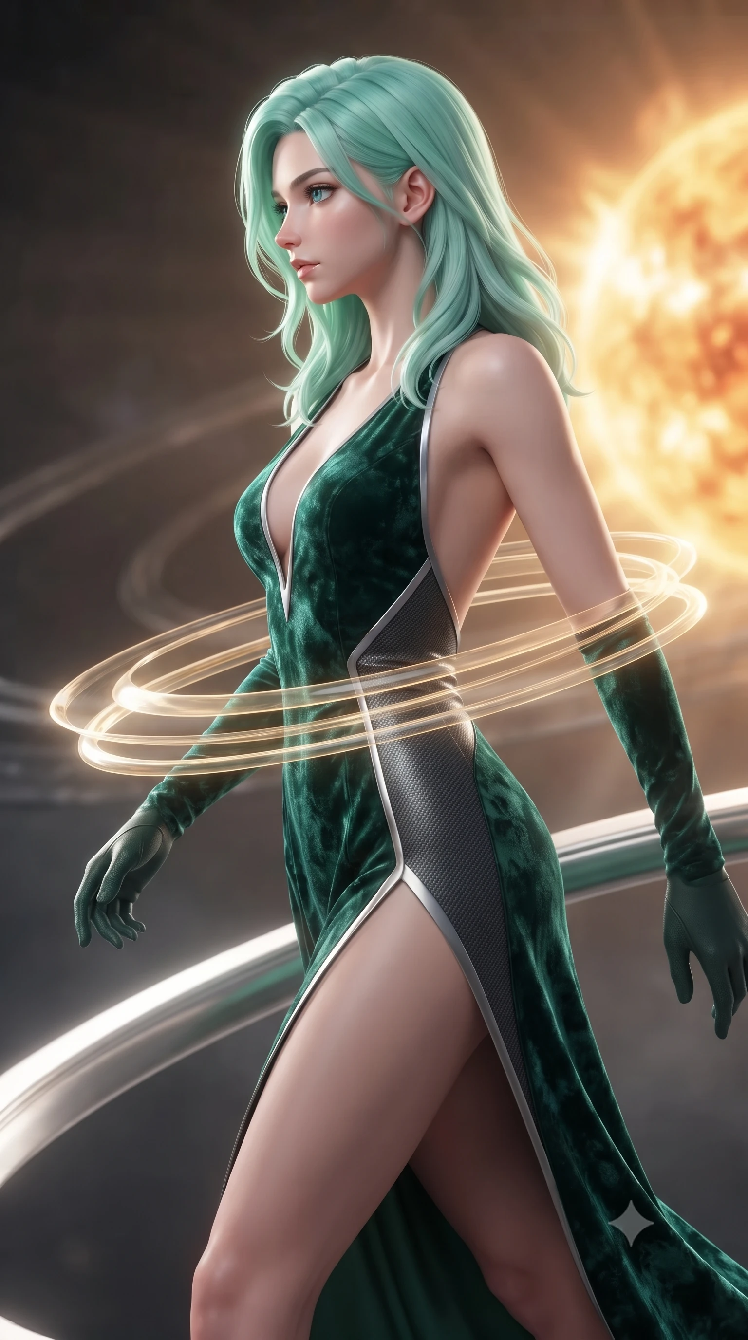 score_9, masterpiece, best quality, ultra-detailed, high-budget anime keyframe, editorial fashion photography, tasteful artistic composition, Japanese woman. close-up cowboy shot from the waist and thighs up, the character dominates the composition, filling the frame with her large presence, background elements kept in soft focus. Turning her face in sharp profile while her upper body leans forward with poised athletic grace while stepping forward with a proud statuesque stride along a platinum ring suspended over a sun core, translucent golden energy rings orbiting around her slender waist in mid-air. She has an exceptionally elegant, slender, and willowy female figure with an ultra-slim waist, a gracefully sculpted slender torso, and a refined silhouette. sharp v-shaped jawline, high-bridge nose, intricate jewel-like eyes with depth, thick eyelashes, glossy lips with a natural sheen, flawlessly proportioned anatomical accuracy, natural body alignment, perfectly sculpted elegant limbs, clean dynamic posture without body distortion. wearing a backless crushed velvet gown with a deep V-neckline and high thigh slit in deep emerald green and silver accent, made of fine carbon-fiber weave and soft matte leather, finished with a sleek side slit ascending to mid-thigh, the glove-like fit emphasizing her statuesque silhouette during motion. surrounded by a brilliant solar aura with high-contrast metallic specular shine. ultra-reflective glossy finish, specular highlights, metallic sheen, high-contrast stereoscopic depth, volumetric dynamic lighting, 2k, ultra detail, master piece, 9:16 ratio