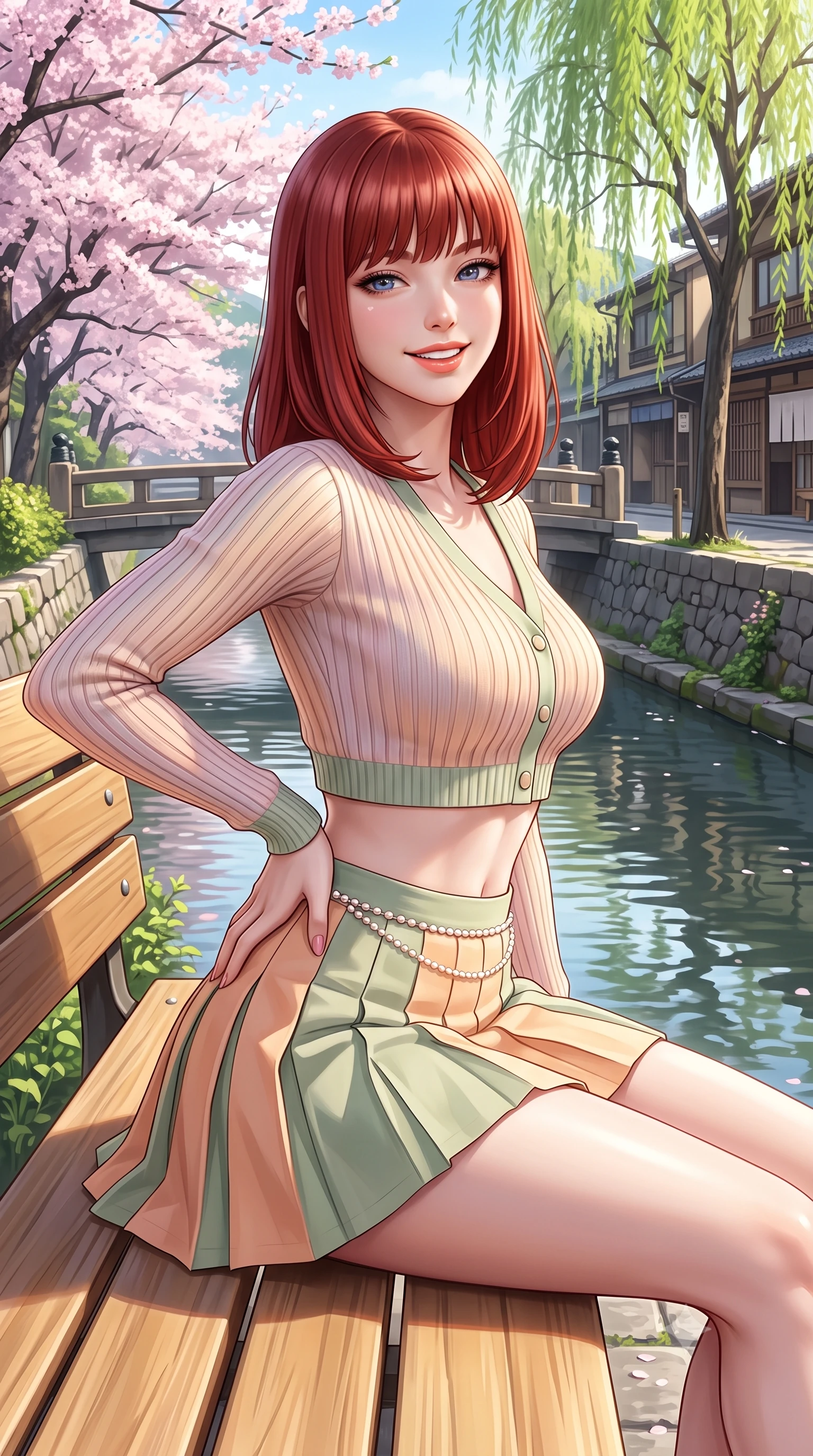 score_9, masterpiece, best quality, ultra-detailed, high-budget anime keyframe, semi-realistic 3D game render, editorial fashion photography, tasteful artistic composition, Caucasian woman. close-up cowboy shot from the waist and thighs up, the character dominates the composition, filling the frame with her large presence. twisting her slender torso in an alluring contrapposto stance, one hand resting on her sculpted hip while flashing a radiant, playful smile with parted glossy lips while sitting on a sunlit wooden bench beside the canal, her form-hugging outfit accentuating her narrow waist and curvy hips in the spring breeze. The surrounding environment is rendered in vivid detail and crisp panoramic clarity. detailed silk dress drape, soft sun glints on skin, and Philosopher's Path landscape clarity in high resolution. She has an exceptionally elegant, slender, and willowy female figure with an ultra-slim waist, flat toned midriff, narrow ribcage, and sculpted feminine hips creating an alluring, slim hourglass silhouette without bulk. sharp v-shaped jawline, high-bridge nose, intricate jewel-like sparkling eyes with depth, thick eyelashes, glossy parted lips with a natural peach sheen, bright cheerful beaming smile with an enchanting and coquettish sensual glint, exuding both youthful cute charm and seductive allure, flawlessly proportioned anatomical accuracy, strict slender model proportions, natural body alignment, perfectly sculpted long slender limbs, ultra-slim waistline, clean dynamic posture without body distortion. wearing a cropped pastel ribbed knit cardigan paired with an ultra-short high-waisted pleated tennis skirt clinging tightly to her curvy hips in soft apricot and sage green, tailored from crisp cotton poplin with clean structural lines, accented with a dainty pearl waist chain catching the ambient sunlight, the high-waisted tailoring accentuating her ultra-slim waistline and the enchanting curve of her feminine hips with alluring charm. illuminated by calm water reflections sharply sculpting her sculpted cheekbones, ultra-slim waist, and curvy hips. highly saturated vibrant anime colors, detailed shading with soft gradients, rich glossy textures, high-contrast stereoscopic depth, volumetric dynamic lighting, master piece, 9:16 ratio