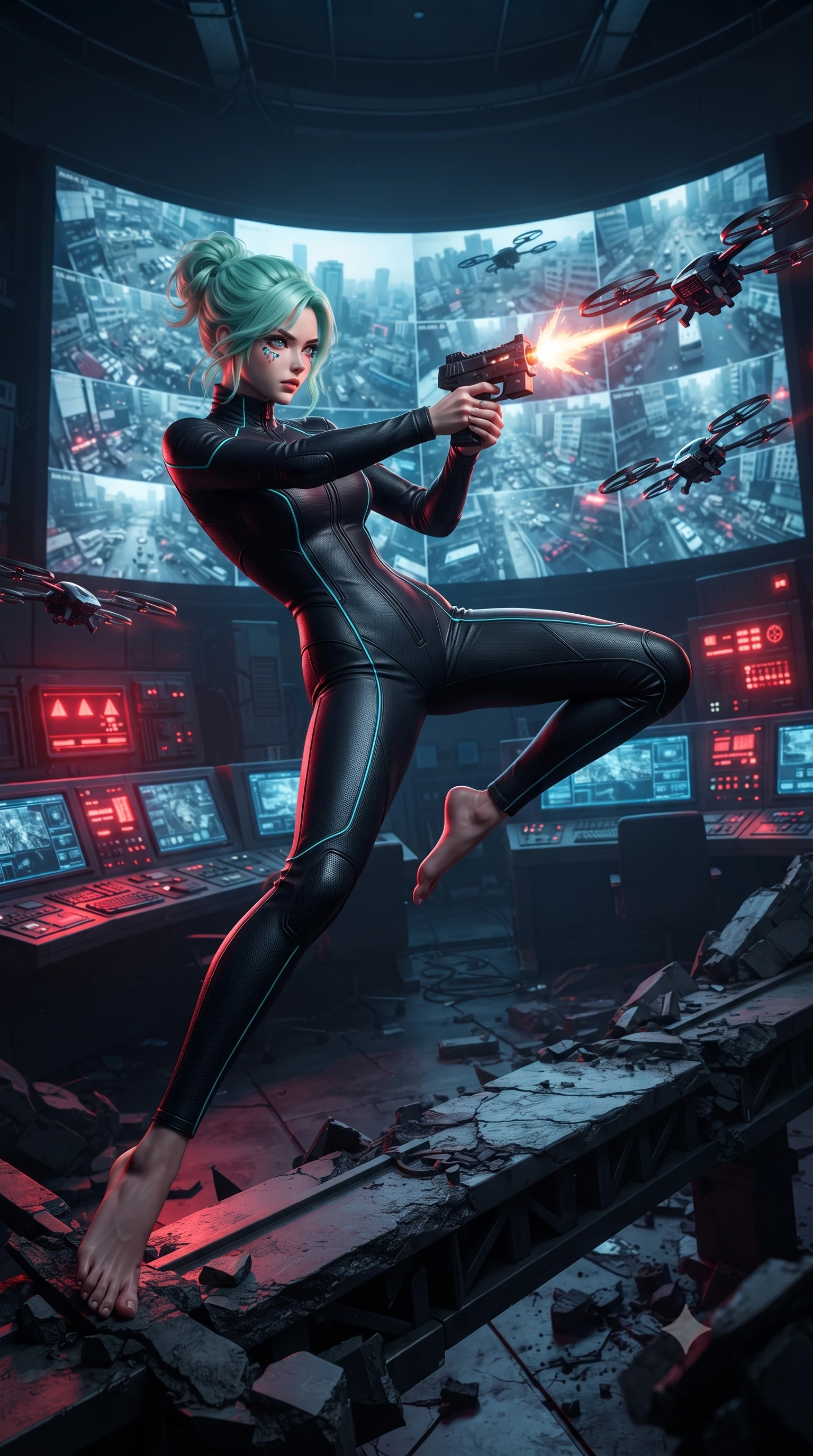 score_9, masterpiece, best quality, ultra-detailed, high-budget anime keyframe, editorial fashion photography, tasteful artistic composition, realistic cosplay photography, Japanese woman. low angle full-body shot from head to toe showing her feet, filling the entire 9:16 vertical frame with her statuesque presence, stretching her vertical silhouette. leaping dynamically off a collapsing sky-bridge while firing back at security drones through a dark command center with a giant curved screen showing real-time security camera feeds of the megacity. She has a statuesque 8.5-heads proportion, an exceptionally tall, slender and willowy model-like build with impossibly long legs and a highly sculpted ultra-slim waist. sharp v-shaped jawline, high-bridge nose, intricate jewel-like eyes with depth, thick eyelashes, glossy lips with a natural sheen. wearing tailored for maximum mobility, sleek form-contouring panels that allow fluid movement, a slim-fit form-contouring matte black carbon-fiber jumpsuit with neon cyan piping, tracing her slender silhouette with a sleek high collar. red alert indicators flashing on panels, casting sweeping red shadows. ultra-reflective glossy finish, specular highlights, metallic sheen, high-contrast stereoscopic depth, volumetric dynamic lighting, 2k, ultra detail, master piece, 9:16 ratio