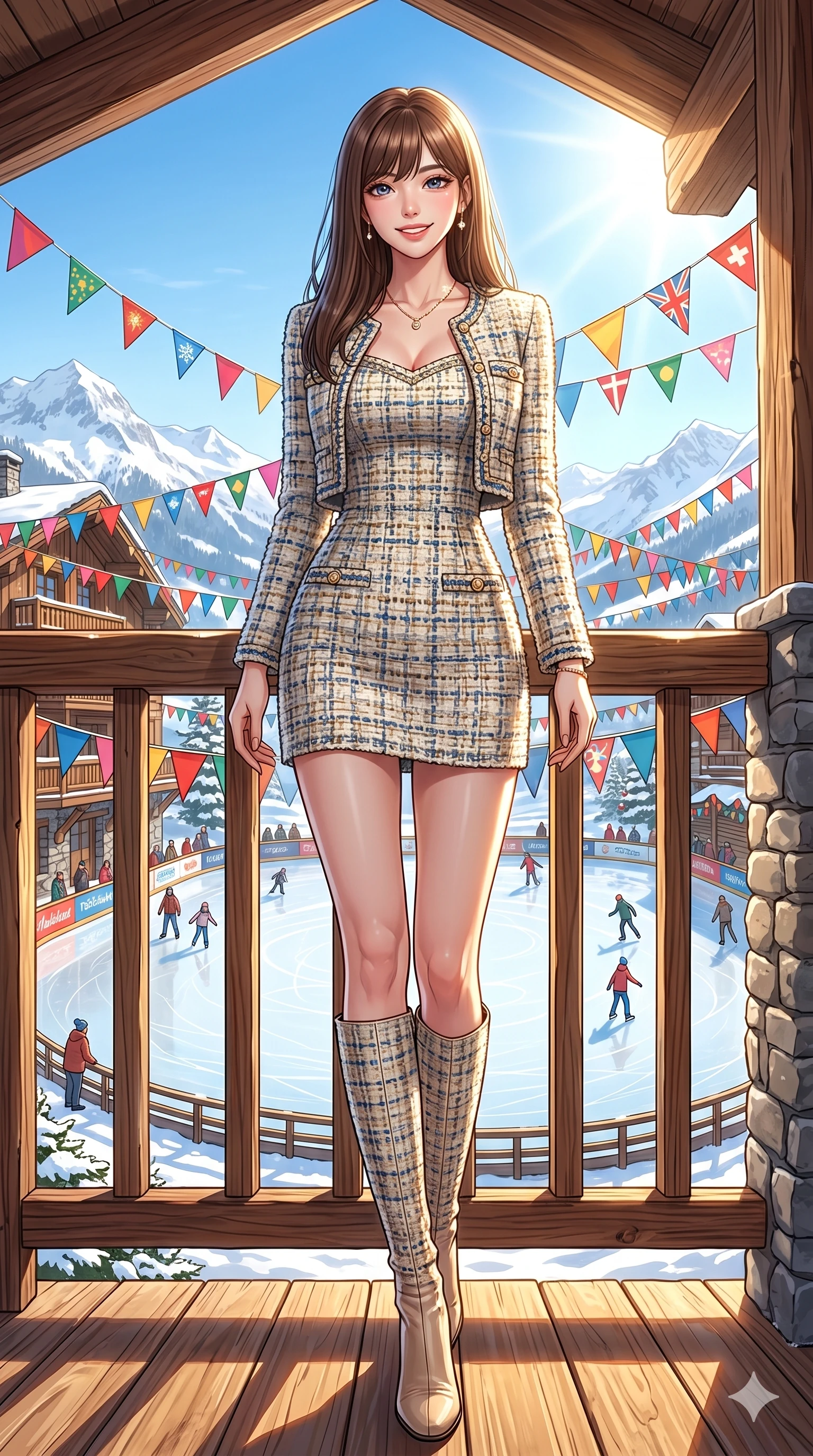 score_9, masterpiece, best quality, ultra-detailed, high-budget anime keyframe, vibrant anime aesthetic, Korean woman. low angle full-body shot from head to toe showing her feet, filling the entire 9:16 vertical frame with her statuesque presence, stretching her vertical silhouette. She is standing on the chalet balcony, looking at the camera with a confident, radiant smile by a sunny outdoor ice rink decorated with festive banners and colorful flags (Code-P21-017). She has an absolutely perfect 8-heads proportion, an exceptionally tall and slender female figure with impossibly long slender legs and an ultra-slim waist. V-shaped jawline, high-bridge nose, intricate jewel-like eyes with depth, thick eyelashes, glossy lips with a natural sheen. wearing a chic tweed dress with a matching cropped jacket and boots. She is illuminated by a brilliant midday winter sun, highlighting her athletic figure and smile. 2k, ultra detail, master piece, 9:16 ratio