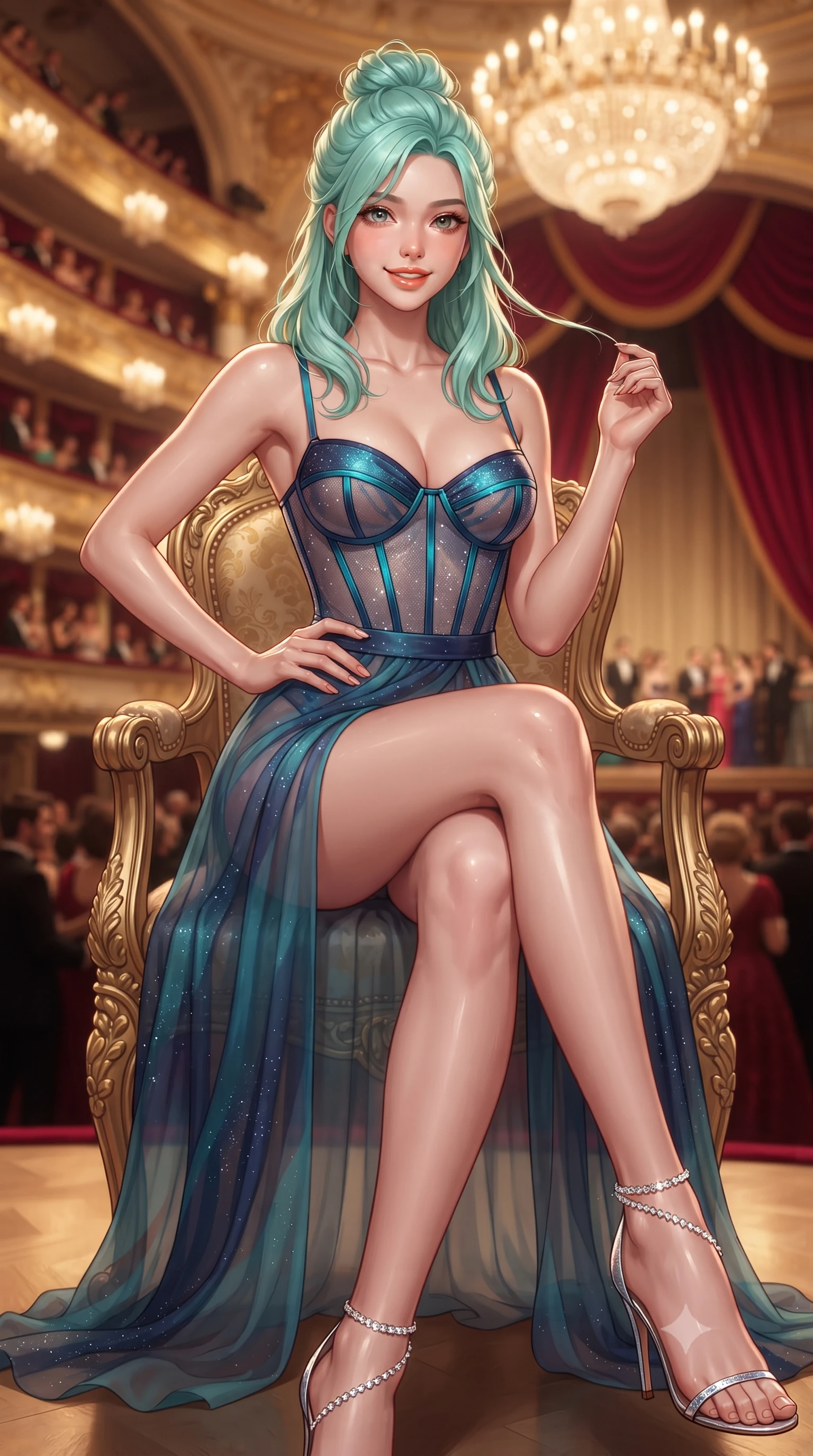 score_9, masterpiece, best quality, ultra-detailed, high-budget anime keyframe, editorial fashion photography, tasteful artistic composition, Japanese woman. close-up cowboy shot from the waist and thighs up, the character dominates the composition, filling the frame with her large presence. twisting her slender torso in an alluring contrapposto stance, one hand resting on her sculpted hip while her fingers toy with her hair with effortless poise while sitting gracefully in the carved gilded armchair with legs crossed, flashing a radiant, playful smile with parted glossy lips. The background shows a soft-focus gilded tiers of opera loggias filled with gala patrons, sweeping crimson velvet proscenium curtains, and colossal crystal chandelier blurred into ruby, ivory, and topaz bokeh. She has an exceptionally elegant, slender, and willowy female figure with an ultra-slim waist, flat toned midriff, narrow ribcage, and sculpted feminine hips creating an alluring, slim hourglass silhouette without bulk. sharp v-shaped jawline, high-bridge nose, intricate jewel-like sparkling eyes with depth, thick eyelashes, glossy parted lips with a natural peach sheen, bright cheerful beaming smile with an enchanting and coquettish sensual glint, exuding both youthful cute charm and seductive allure, flawlessly proportioned anatomical accuracy, strict slender model proportions, natural body alignment, perfectly sculpted long slender limbs, ultra-slim waistline, clean dynamic posture without body distortion. wearing a provocative translucent mesh corset bodice with boned satin channels paired with a sheer chiffon wrap maxi skirt in Singapore Marina Bay electric cyan and midnight sapphire, woven from stretch metallic lurex jersey casting radiant starlight glints across her curves, complemented by strappy stiletto sandals with crystal ankle wraps accentuating her slender calves, the impeccably tailored cut draping gracefully along her slender figure with aristocratic poise. bathed in the opulent golden 2700K incandescent glow of the auditorium chandeliers mixed with soft box interior sconces. ultra-reflective glossy finish, specular highlights, rich textural contrasts, high-contrast stereoscopic depth, volumetric dynamic lighting, 2k, ultra detail, master piece, 9:16 ratio