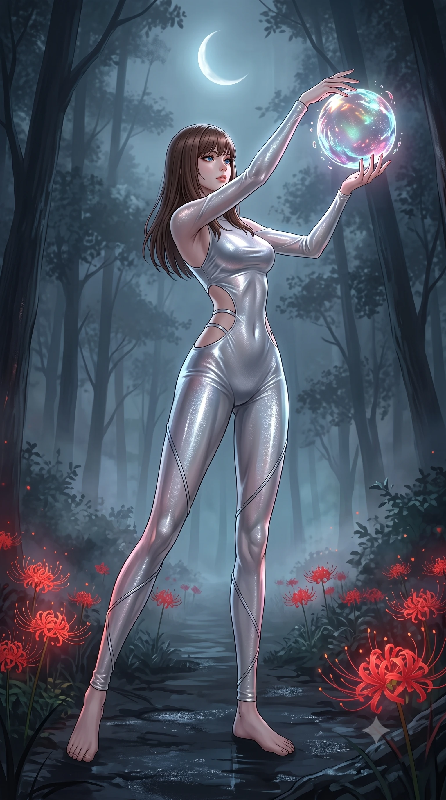 score_9, masterpiece, best quality, ultra-detailed, High-budget Anime Keyframe, East Asian woman. Dynamic full-body shot stretching the vertical silhouette to the limit. Scenario 472: reaching out to catch a floating sphere of liquid light in a misty dark forest under a crescent moon with red spider lilies blooming. Her presence is magnetic and overpowering in this high-budget anime scene. Outfit 472: a slim-fit liquid silver shimmering chiffon catsuit with strategic waist cut-outs and slender leg straps. The clothing is designed to emphasize her exceptionally tall and slender 8-heads proportion. 8-heads proportion, towering silhouette, ultra-slim waist. sharp v-shaped jawline, intricate jewel-like eyes with depth, thick eyelashes, glossy lips. 2k, ultra detail, master piece, 9:16 ratio