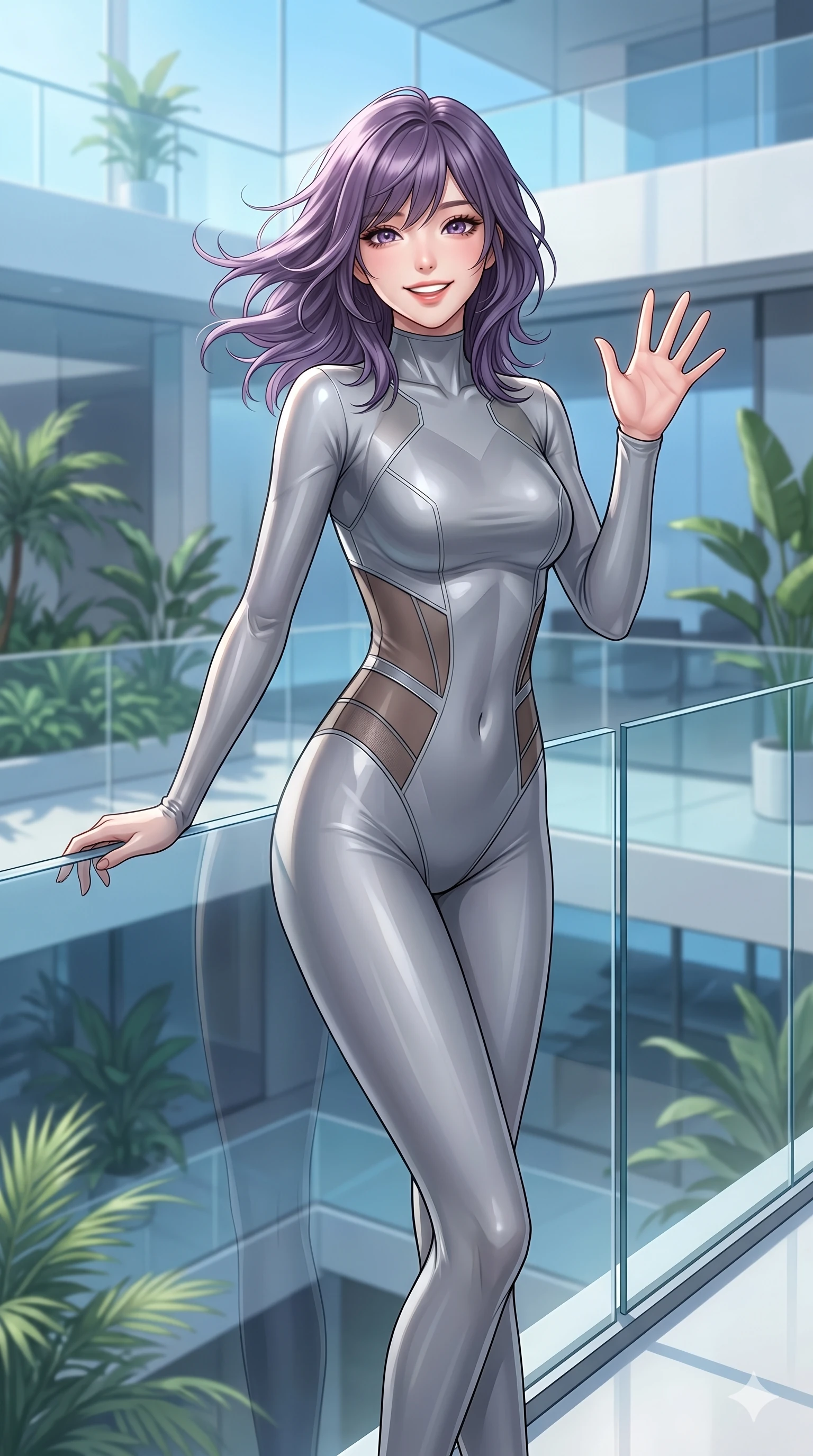 score_9, masterpiece, best quality, ultra-detailed, high-budget anime keyframe, editorial fashion photography, tasteful artistic composition, Japanese woman. cowboy shot from the thighs up, character and outfit filling the frame for maximum editorial presence. waving a hand playfully with a bright, radiant smile, her hair catching the breeze leaning against a glass railing of a high-tech indoor sun-garden. She has an absolutely perfect 8-heads proportion, an exceptionally tall and slender female figure with impossibly long slender legs and an ultra-slim waist. V-shaped jawline, high-bridge nose, intricate jewel-like eyes with depth, thick eyelashes, glossy lips with a natural sheen. wearing a sleek, glove-like silver-gray bodysuit with transparent mesh overlays on the waist. illuminated by brilliant, clear afternoon sunshine and soft blue ambient sky reflections. 2k, ultra detail, master piece, 9:16 ratio