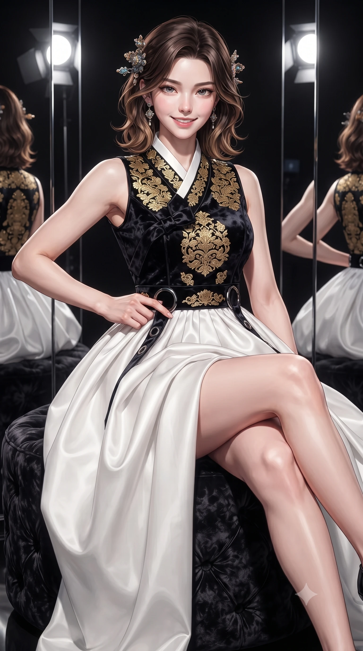 score_9, masterpiece, best quality, ultra-detailed, high-budget anime keyframe, editorial fashion photography, tasteful artistic composition, Korean woman. close-up cowboy shot from the waist and thighs up, the character dominates the composition, filling the frame with her large presence, background elements kept in soft focus. Smiling with quiet, magnetic self-assurance directly into the camera, lounging on a velvet ottoman surrounded by high-contrast mirror reflection panels, magnetic runway model aura with supreme visual command. She has an exceptionally elegant, slender, and willowy female figure with an ultra-slim waist, a gracefully sculpted slender torso, and a refined silhouette. sharp v-shaped jawline, high-bridge nose, intricate jewel-like eyes with depth, thick eyelashes, glossy lips with a natural sheen. wearing modern fusion white hanbok dress with structured gold-embroidered bodice in pitch-black onyx, made of crushed dark silk velvet, trimmed with dark chrome ring hardware along the waist contours, sculpting her athletic slender build with refined precision. illuminated by bright daylight vanity bulbs and multi-directional studio key rays. ultra-reflective glossy finish, specular highlights, metallic sheen, high-contrast stereoscopic depth, volumetric dynamic lighting, 2k, ultra detail, master piece, 9:16 ratio