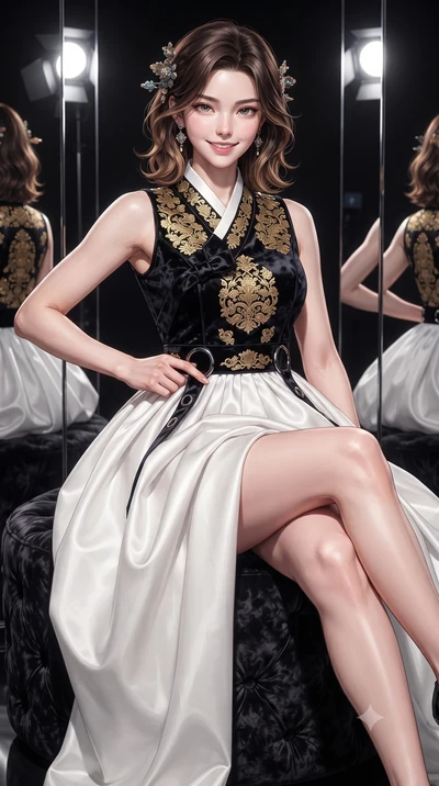 score_9, masterpiece, best quality, ultra-detailed, high-budget anime keyframe, editorial fashion photography, tasteful artistic composition, Korean woman. close-up cowboy shot from the waist and thighs up, the character dominates the composition, fi