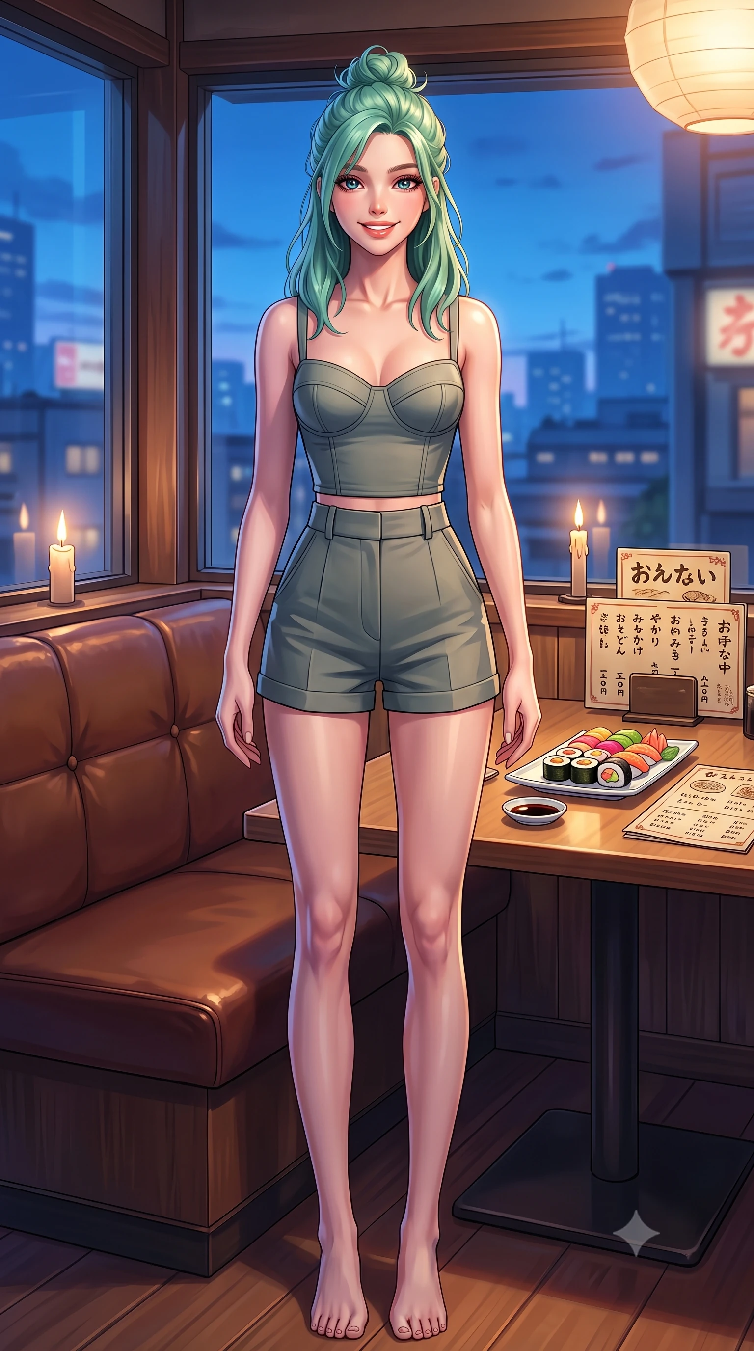 score_9, masterpiece, best quality, ultra-detailed, high-budget anime keyframe, editorial fashion photography, tasteful artistic composition, Japanese woman. low angle full-body shot from head to toe showing her feet, filling the entire 9:16 vertical frame with her statuesque presence, stretching her vertical silhouette. standing with a cute, bright pose, tilting her head with a beaming smile set against a soft-focus background of in a cozy traditional diner corner with leather booths and vintage menus with a plate of colorful sushi rolls and a small dish of soy sauce on the table. She has an absolutely perfect, statuesque 8.5-heads proportion, an exceptionally tall and slender model-like female figure with impossibly long slender legs and an ultra-slim waist. sharp v-shaped jawline, high-bridge nose, intricate jewel-like eyes with depth, thick eyelashes, glossy lips with a natural sheen. wearing slim-fit tailored cotton bustier top paired with high-waist tailored shorts. soft candle light clashing with the cool blue city twilight sky outside. highly saturated vibrant anime colors, detailed shading with soft gradients, rich glossy textures, high-contrast stereoscopic depth, volumetric dynamic lighting, master piece, 9:16 ratio