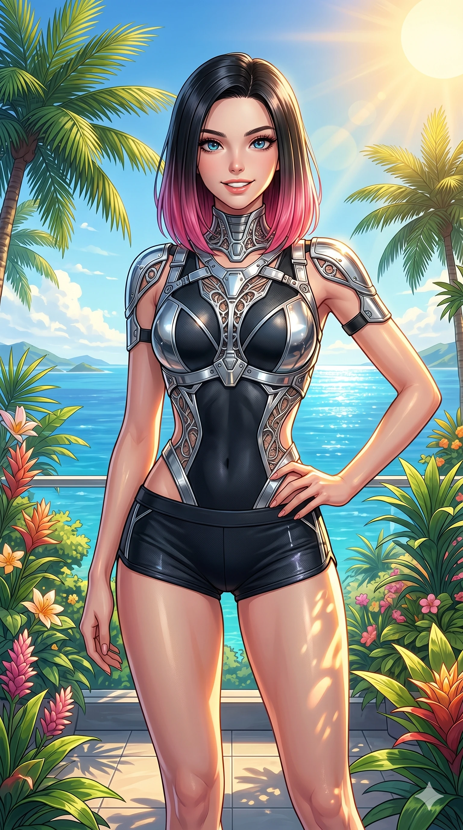 score_9, masterpiece, best quality, ultra-detailed, high-budget anime keyframe, editorial fashion photography, tasteful artistic composition, Korean woman. cowboy shot from the thighs up, character and outfit filling the frame for maximum editorial presence. posing with quiet self-assurance, looking directly into the lens with a confident grin in a tropical sky garden overlooking a sparkling blue ocean (Code-P19-085). She has an absolutely perfect 8-heads proportion, an exceptionally tall and slender female figure with impossibly long slender legs and an ultra-slim waist. V-shaped jawline, high-bridge nose, intricate jewel-like eyes with depth, thick eyelashes, glossy lips with a natural sheen. wearing a structural metallic harness over a sporty swimsuit and micro-shorts on the beach. drenched in brilliant morning sunshine, casting warm golden patterns on her skin. 2k, ultra detail, master piece, 9:16 ratio
