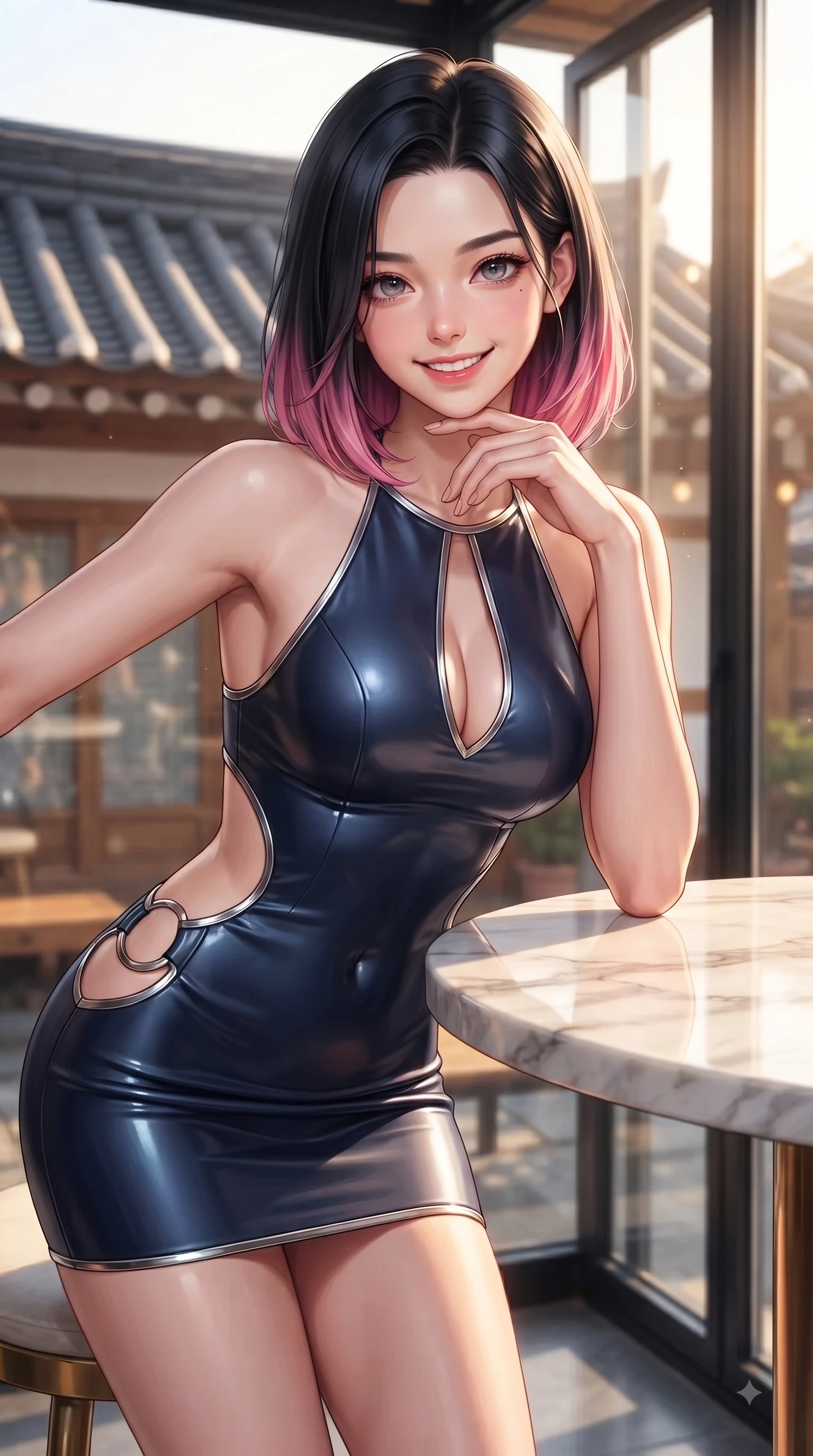 score_9, masterpiece, best quality, ultra-detailed, high-budget anime keyframe, editorial fashion photography, tasteful artistic composition, Korean woman. close-up cowboy shot from the waist and thighs up, the character dominates the composition, filling the frame with her large presence, background elements kept in soft focus. Cheerful beaming smile with sparkling eyes and a fresh girlhood aura, leaning forward with playful grace while resting her chin playfully on the back of her fingers at a marble cafe table with a sweet grin, traditional Hanok clay roof tiles and modern glass windows framing the background. She has an exceptionally elegant, slender, and willowy female figure with an ultra-slim waist, a gracefully sculpted slender torso, and a refined silhouette. sharp v-shaped jawline, high-bridge nose, intricate jewel-like eyes with depth, thick eyelashes, glossy lips with a natural sheen, flawlessly proportioned anatomical accuracy, natural body alignment, perfectly sculpted elegant limbs, clean dynamic posture without body distortion. wearing a deep-scoop halter bodycon dress with hip cutouts connected by silver rings in midnight navy blue and chrome trim, formed from sleek second-skin neoprene, accented with a Tasteful chest slit framing her clavicle gracefully, the glove-like fit emphasizing her statuesque silhouette during motion. bathed in warm golden sunlight streaming through clean glass cafe windows. ultra-reflective glossy finish, specular highlights, metallic sheen, high-contrast stereoscopic depth, volumetric dynamic lighting, 2k, ultra detail, master piece, 9:16 ratio
