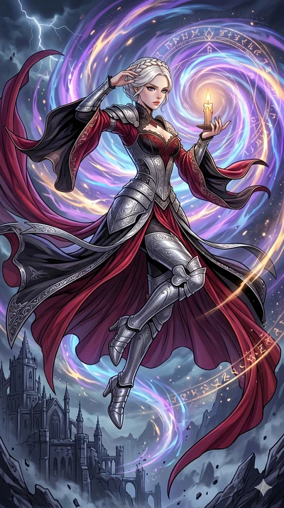 score_9, masterpiece, best quality, ultra-detailed, high-budget anime movie keyframe, cinematic anime lighting, intricate line art, Korean woman. Mid-air action shot capturing a graceful twist and vertical silhouette. shielding a flickering candle fr