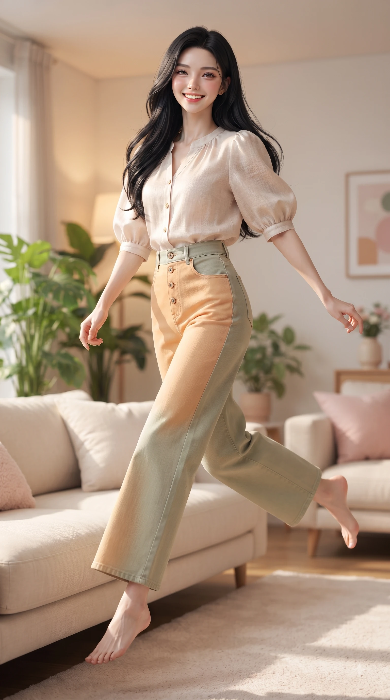score_9, masterpiece, best quality, ultra-detailed, high-budget anime keyframe, editorial fashion photography, tasteful artistic composition, Korean woman. low angle full-body shot from head to toe showing her feet, filling the entire 9:16 vertical frame with her statuesque presence, stretching her vertical silhouette. leaping with pure youthful energy through the scene with a radiant bright smile, her long slender legs balanced gracefully while lounging comfortably on a soft cream sofa in a sunlit living room filled with indoor green plants. The composition keeps background elements in soft focus with dreamy bokeh. cozy pastel living room decor and soft textile textures blurred smoothly behind her. She has an absolutely perfect, statuesque 8.5-heads proportion, an exceptionally tall and slender model-like female figure with impossibly long slender legs and an ultra-slim waist. sharp v-shaped jawline, high-bridge nose, intricate jewel-like eyes with depth, thick eyelashes, glossy lips with a natural sheen, flawlessly proportioned anatomical accuracy, natural body alignment, perfectly sculpted elegant limbs, clean dynamic posture without body distortion. wearing an elegant pastel linen blouse with puff sleeves and high-waisted wide-leg trousers in warm apricot and sage green, made of comfortable premium stretch denim and soft jersey, finished with neat front wooden buttons and pocket details, the tailored casual silhouette highlighting her fresh and youthful presence. illuminated by cozy ambient indoor glow and clean natural sunlight. ultra-reflective glossy finish, specular highlights, metallic sheen, high-contrast stereoscopic depth, volumetric dynamic lighting, 2k, ultra detail, master piece, 9:16 ratio