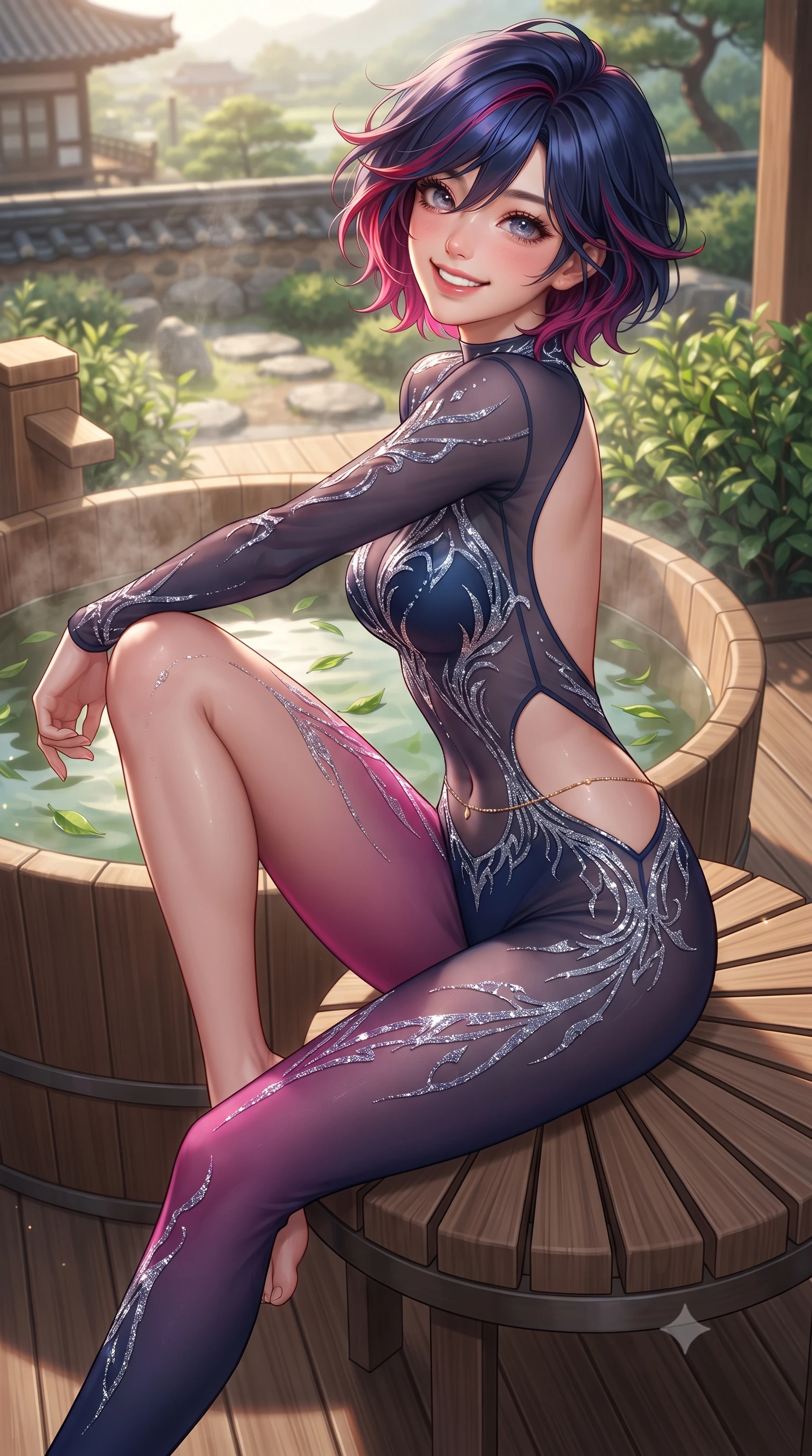 score_9, masterpiece, best quality, ultra-detailed, high-budget anime keyframe, editorial fashion photography, tasteful artistic composition, Korean woman. close-up cowboy shot from the waist and thighs up, the character dominates the composition, filling the frame with her large presence. perched sideways on the lounge seat, one knee drawn up to showcase her slender leg line while her arched back accentuates her feminine hip curve while twisting her slender torso in an alluring S-curve beside the round wooden soaking tub infused with aromatic green tea leaves, steam swirling around her waist. The surrounding environment is rendered in vivid detail and crisp panoramic clarity: sharp cedar decking grain, floating emerald green tea leaves, and tea bush foliage texture in deep focus. She has an exceptionally elegant, slender, and willowy female figure with an ultra-slim waist, flat toned midriff, narrow ribcage, and sculpted feminine hips creating an alluring, slim hourglass silhouette without bulk. sharp v-shaped jawline, high-bridge nose, intricate jewel-like sparkling eyes with depth, thick eyelashes, glossy parted lips with a natural peach sheen, bright cheerful beaming smile with an enchanting and coquettish sensual glint, exuding both youthful cute charm and seductive allure, flawlessly proportioned anatomical accuracy, strict slender model proportions, natural body alignment, perfectly sculpted long slender limbs, ultra-slim waistline, clean dynamic posture without body distortion. wearing a backless sheer illusion mesh catsuit with strategic crystalline silver flocking tracing her long slender leg lines in Huangpu midnight sapphire and neon magenta, made of sheer gossamer chiffon that drapes softly against skin with airy translucence, accented with a dainty gold belly chain resting across her flat midriff and curving hips, the form-contouring silhouette accentuating her sculpted flat midriff, narrow delicate ribcage, and gracefully curvy hips with intoxicating allure. illuminated by tea bath caustics bounce and sharp pearlescent-jade rim lights defining her dewy collarbones, ultra-slim waist, and curvy hips. ultra-reflective glossy finish, specular highlights, rich textural contrasts, high-contrast stereoscopic depth, volumetric dynamic lighting, 2k, ultra detail, master piece, 9:16 ratio