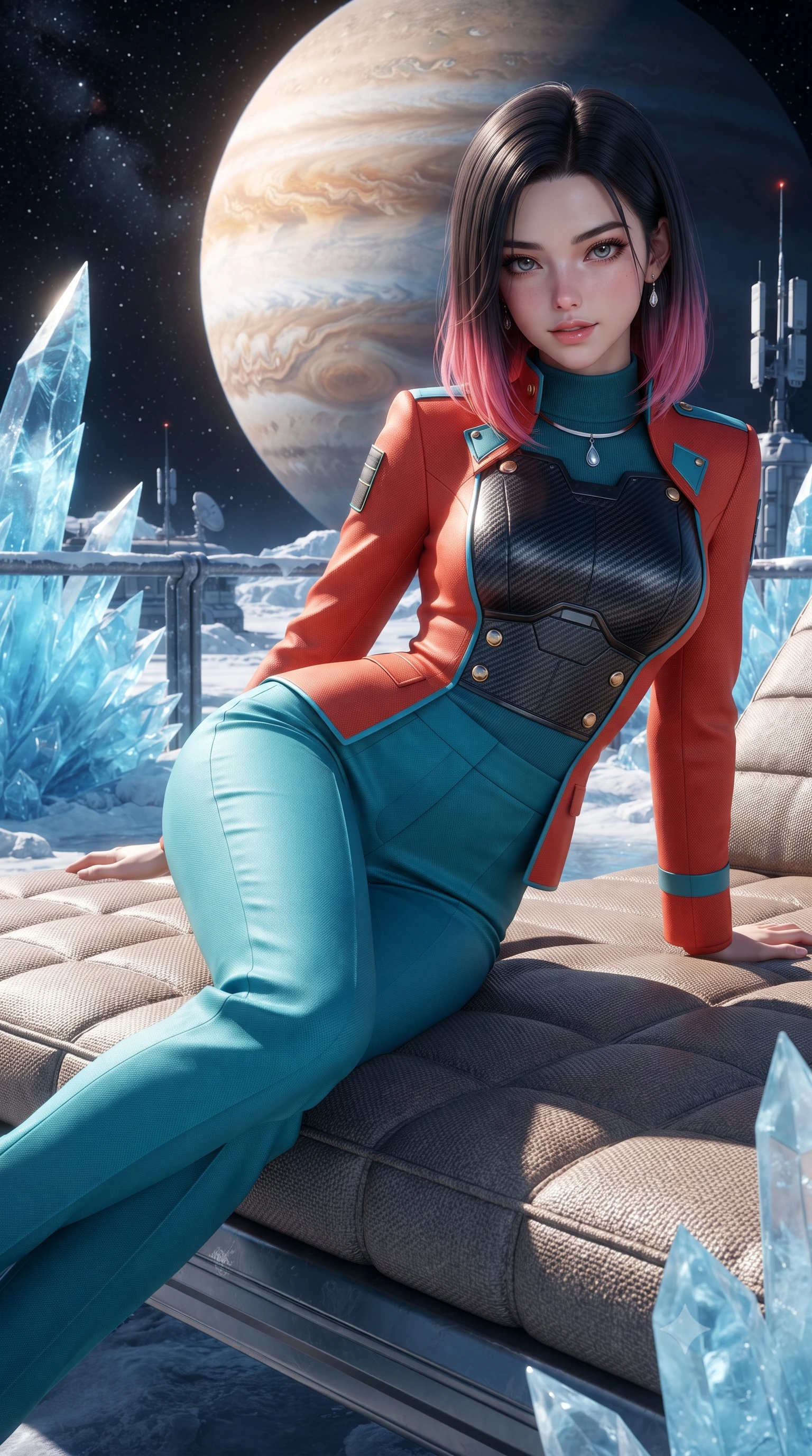 score_9, masterpiece, best quality, ultra-detailed, high-budget anime keyframe, editorial fashion photography, tasteful artistic composition, Korean woman. close-up cowboy shot from the waist and thighs up, the character dominates the composition, filling the frame with her large presence. leaning forward while arching her lower back to accentuate her curvy hips, looking into the camera with an intoxicating smoldering gaze and bedroom-eyes while reclining gracefully on the outdoor heated daybed with legs extended, displaying her long slender limbs and statuesque hourglass silhouette against the cosmic gas giant. The surrounding environment is rendered in vivid detail and crisp panoramic clarity: sharp translucent blue ice crystal fractures, snow-crust textures on titanium railings, and tactical telemetry antennas in deep focus. She has an exceptionally elegant, slender, and willowy female figure with an ultra-slim waist, flat toned midriff, narrow ribcage, and sculpted feminine hips creating an alluring, slim hourglass silhouette without bulk. sharp v-shaped jawline, high-bridge nose, intricate jewel-like sparkling eyes with depth, thick eyelashes, glossy parted lips with a natural peach sheen, bright cheerful beaming smile with an enchanting and coquettish sensual glint, exuding both youthful cute charm and seductive allure, flawlessly proportioned anatomical accuracy, strict slender model proportions, natural body alignment, perfectly sculpted long slender limbs, ultra-slim waistline, clean dynamic posture without body distortion. wearing a structured cyber-infantry dress uniform jacket with carbon-fiber chest plating and brass buttons over a mock-neck top and tailored wool trousers in cyber-shinto vermilion and laser turquoise, woven from structured carbon-fiber jacquard with rich textural depth, finished with a minimalist chrome choker and a single teardrop diamond pendant, the impeccably tailored cut draping gracefully along her slender figure with aristocratic poise. bathed in the warm radiant 3000K glow of reflected Jupiter-light contrasted with the pitch-black starfield. ultra-reflective glossy finish, specular highlights, rich textural contrasts, high-contrast stereoscopic depth, volumetric dynamic lighting, 2k, ultra detail, master piece, 9:16 ratio