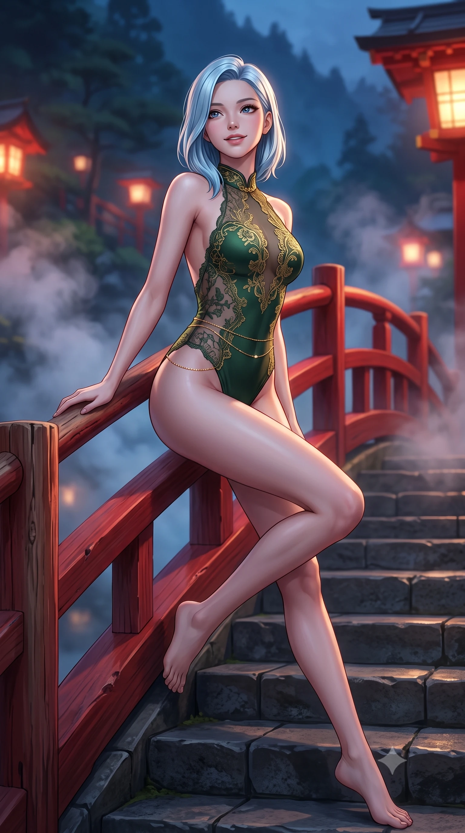 score_9, masterpiece, best quality, ultra-detailed, high-budget anime keyframe, semi-realistic 3D game render, editorial fashion photography, tasteful artistic composition, Korean woman. low angle full-body shot from head to toe showing her feet, filling the entire 9:16 vertical frame with her statuesque presence, stretching her vertical silhouette. sitting poised on the stone steps with one knee bent, arching her spine with supermodel elegance as she glances upward through thick eyelashes while leaning against the smooth unlacquered cedar balustrade of the red arched bridge with hips cocked back, casting an intoxicating smoldering bedroom-gaze. The background shows a soft-focus drifting sulfur steam clouds softened in mystical Hakone mountain sanctuary shallow focus. She has an exceptionally tall and slender model-like 8.5-heads proportion, an ultra-slim waist, a flat toned midriff, narrow delicate ribcage, and beautifully sculpted feminine hips creating a graceful, slim hourglass silhouette without any bulky heaviness, with impossibly long slender legs. sharp v-shaped jawline, high-bridge nose, intricate jewel-like sparkling eyes with depth, thick eyelashes, glossy parted lips with a natural peach sheen, bright cheerful beaming smile with an enchanting and coquettish sensual glint, exuding both youthful cute charm and seductive allure, flawlessly proportioned anatomical accuracy, strict slender model proportions, natural body alignment, perfectly sculpted long slender limbs, ultra-slim waistline, clean dynamic posture without body distortion. wearing an open-back sheer lace leotard with high-cut leg openings and delicate floral embroidery framing her spine in Gion antique matcha green and gilded gold leaf, made of delicate semi-sheer French Chantilly lace with intricate eyelash edges, accented with a dainty gold belly chain resting across her flat midriff and curving hips, the glove-like clinging cut tightly following the natural contour of her hips and long slender legs with youthful 8.5-heads elegance. bathed in the romantic vermilion-and-gold 2300K lantern glows contrasted with cool deep-blue mountain mist. highly saturated vibrant anime colors, detailed shading with soft gradients, rich glossy textures, high-contrast stereoscopic depth, volumetric dynamic lighting, master piece, 9:16 ratio