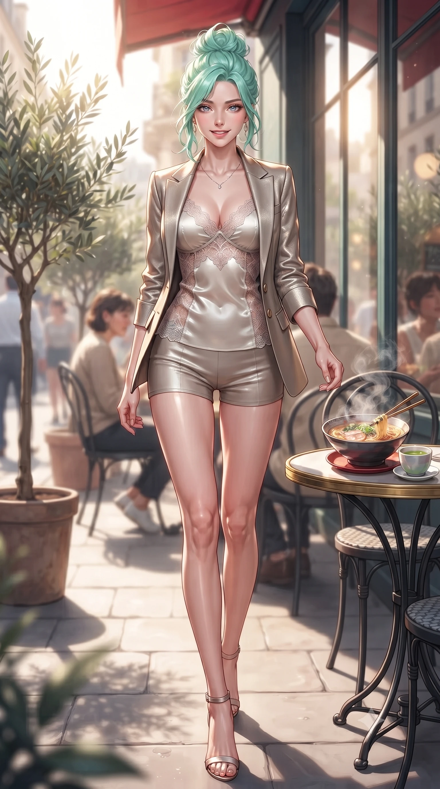 score_9, masterpiece, best quality, ultra-detailed, high-budget anime keyframe, editorial fashion photography, tasteful artistic composition, Japanese woman. low angle full-body shot from head to toe showing her feet, filling the entire 9:16 vertical frame with her statuesque presence, stretching her vertical silhouette. stepping forward with an alluring, magnetic smile, her graceful posture highlighting her statuesque silhouette set against a soft-focus background of on a lively street-side bistro terrace next to potted olive trees with a steaming bowl of ramen and a small cup of hot green tea nearby. She has an absolutely perfect, statuesque 8.5-heads proportion, an exceptionally tall and slender model-like female figure with impossibly long slender legs and an ultra-slim waist. sharp v-shaped jawline, high-bridge nose, intricate jewel-like eyes with depth, thick eyelashes, glossy lips with a natural sheen. wearing slim-fit delicate silk camisole with lace panels and a tailored blazer worn open over form-contouring shorts. bright afternoon sunlight streaming through the large window pane. ultra-reflective glossy finish, specular highlights, metallic sheen, high-contrast stereoscopic depth, volumetric dynamic lighting, 2k, ultra detail, master piece, 9:16 ratio