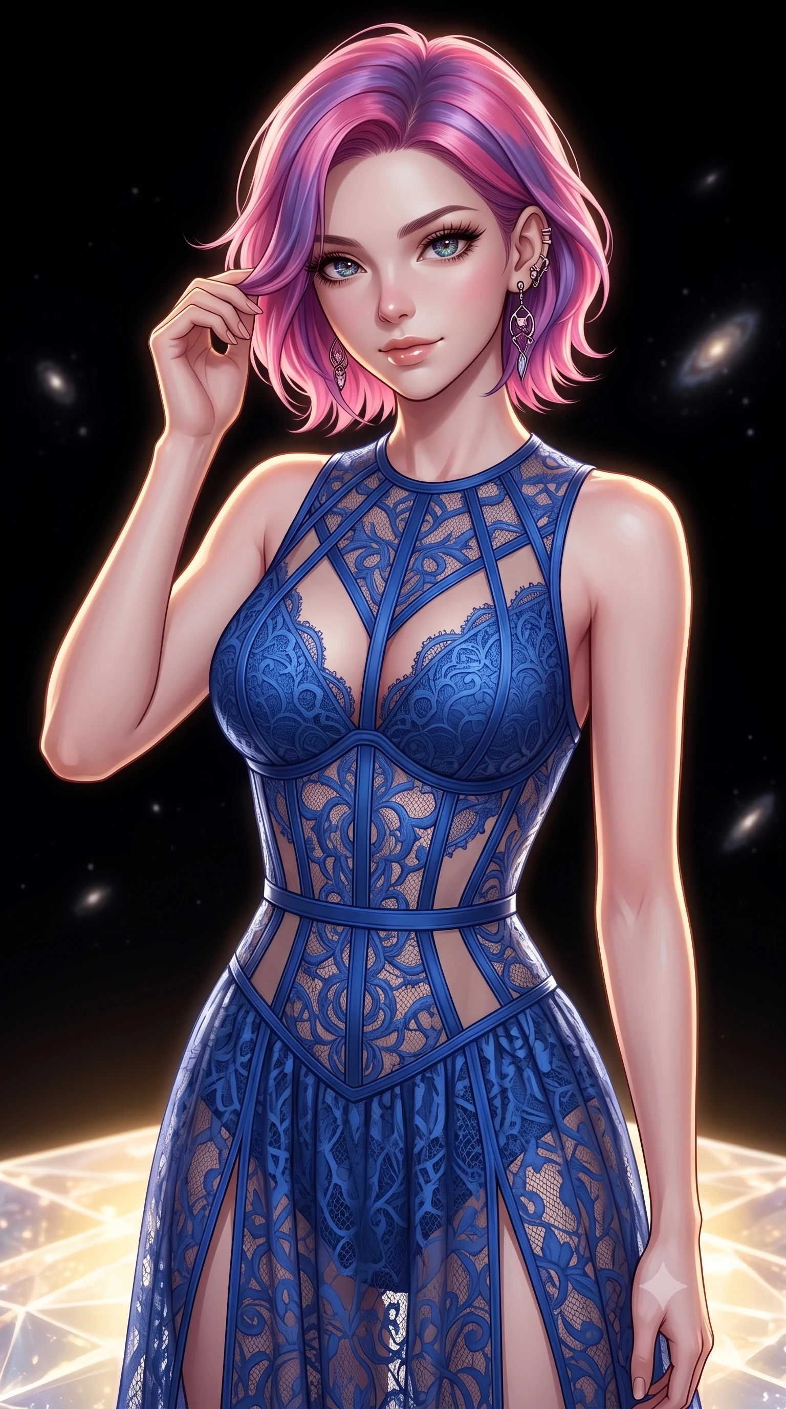 score_9, masterpiece, best quality, ultra-detailed, high-budget anime keyframe, editorial fashion photography, tasteful artistic composition, Caucasian woman, strictly human ears. close-up cowboy shot from the waist and thighs up, the character dominates the composition, filling the frame with her large presence, background elements kept in soft focus. Gently brushing hair from her face with an enigmatic half-smile. set against a soft-focus background of the absolute emptiness of intergalactic space between galaxy clusters a single small platform of crystallized light floating in infinite darkness with the nearest galaxy a faint smudge billions of light-years away. She has an exceptionally elegant and slender, willowy female figure with an ultra-slim waist, a gracefully sculpted slender torso, and a refined slim physique. sharp v-shaped jawline, high-bridge nose, intricate jewel-like eyes with depth, thick eyelashes, glossy lips with a natural sheen. wearing a lace cage dress in cobalt blue, with a detailed corset waist and sheer panels that highlight her slender torso. a single source of warm golden light from the platform itself against absolute total darkness creating the most extreme contrast between existence and void. 2k, ultra detail, master piece, 9:16 ratio