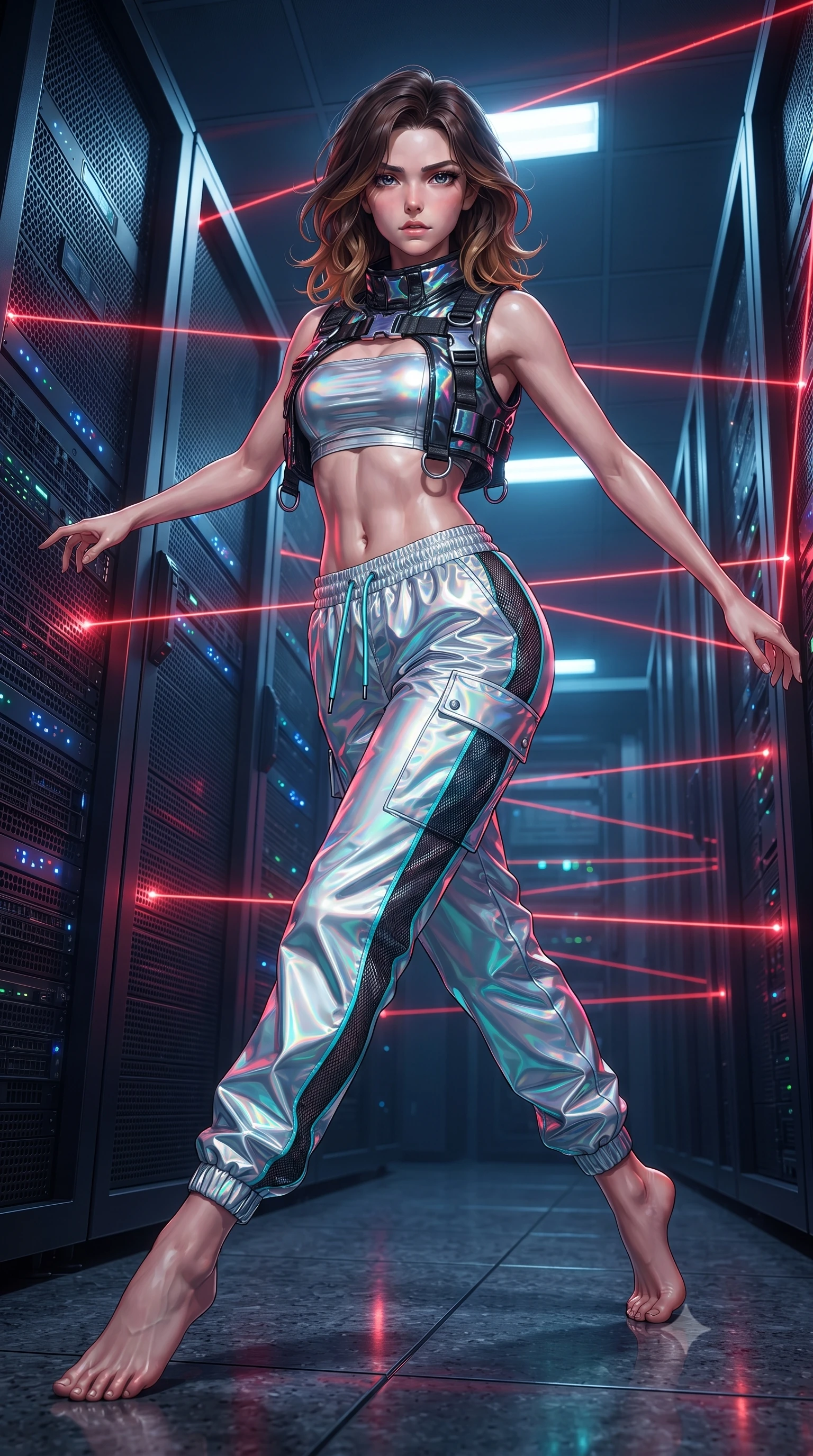 score_9, masterpiece, best quality, ultra-detailed, high-budget anime keyframe, editorial fashion photography, tasteful artistic composition, Korean woman. low angle full-body shot from head to toe showing her feet, filling the entire 9:16 vertical frame with her statuesque presence, stretching her vertical silhouette. pivoting dynamically with supreme athletic balance and poise, her impossibly long slender legs creating a breathtaking line while navigating a high-security mainframe server vault, contorting her slender athletic body in a flawless gymnastic evasion beneath glowing red laser grids. The surrounding environment is rendered in vivid detail and crisp panoramic clarity. sharp laser beam focus points, brushed dark titanium server rack grilles, and granite floor reflections in deep focus. She has an absolutely perfect, statuesque 8.5-heads proportion, an exceptionally tall and slender model-like female figure with impossibly long slender legs, a toned flat midriff, and an ultra-slim waist. sharp v-shaped jawline, high-bridge nose, intricate jewel-like eyes with depth, thick eyelashes, glossy lips with a natural sheen, captivating and magnetic expression, flawlessly proportioned anatomical accuracy, strict slender model proportions, natural body alignment, perfectly sculpted long slender limbs, ultra-slim waistline, clean dynamic posture without body distortion. wearing a futuristic cropped tech-harness vest worn over a silver reflective tube top and high-rise metallic parachute cargo pants in holographic silver and electric cyan, crafted from high-gloss metallic ripstop nylon and flexible carbon mesh, detailed with heavy-duty chrome quick-release buckles and D-ring straps, the liquid-tight tailored fabric emphasizing every curve of her tall, slender model proportions and sculptured silhouette during dynamic movement. bathed in dramatic intersecting red laser beam illumination and cool blue server indicator glow. ultra-reflective glossy finish, specular highlights, rich textural contrasts, high-contrast stereoscopic depth, volumetric dynamic lighting, 2k, ultra detail, master piece, 9:16 ratio