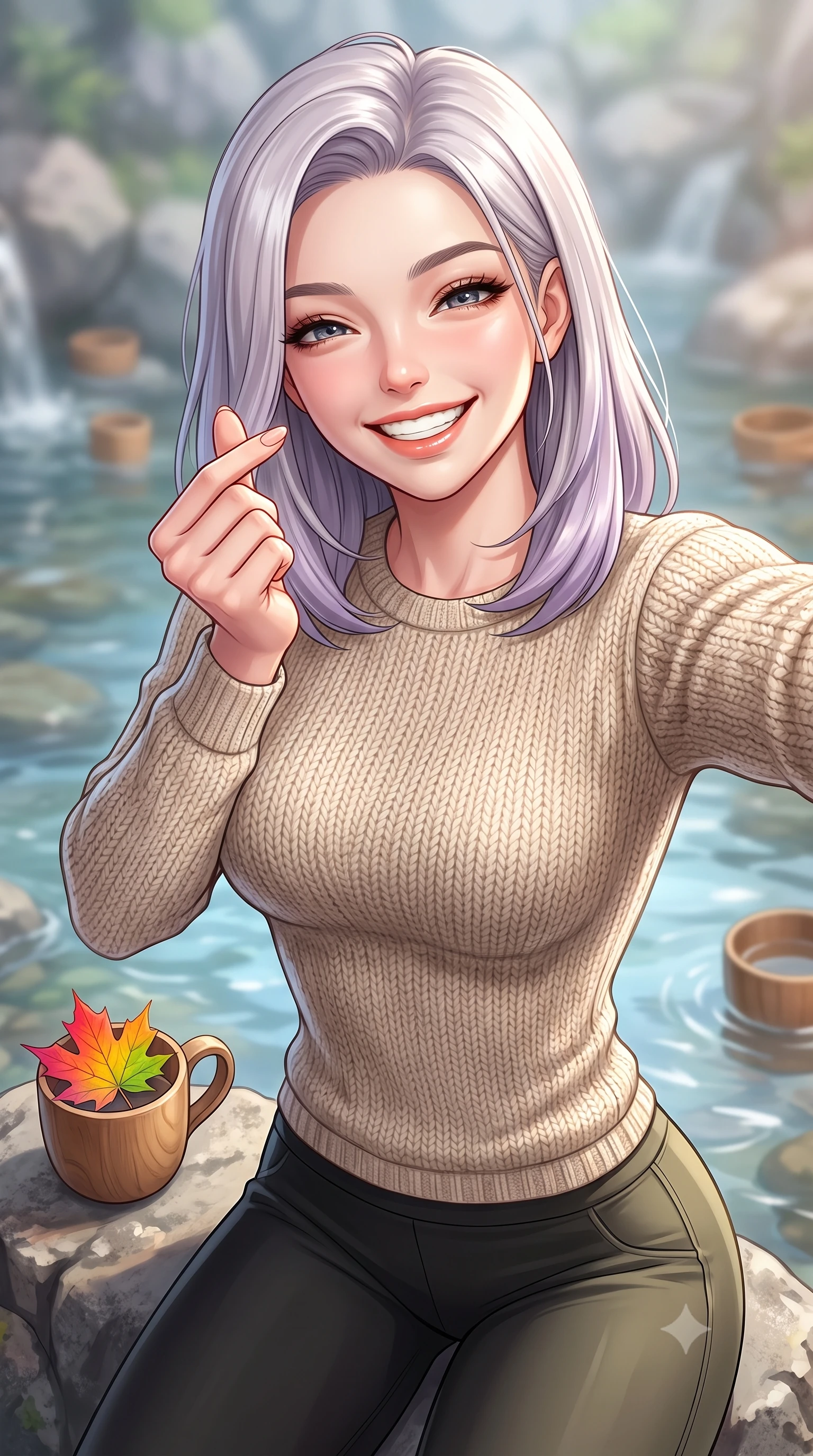 score_9, masterpiece, best quality, ultra-detailed, high-budget anime keyframe, editorial fashion photography, tasteful artistic composition, Caucasian woman. close-up cowboy shot from the waist and thighs up, the character dominates the composition, filling the frame with her large presence, background elements kept in soft focus. flashing a bright, sunny grin, holding her fingers in a cute small heart shape set against a soft-focus background of next to a mountain spring well with clear water and wooden cups holding a colorful maple leaf with a delighted, cheerful smile. She has an exceptionally elegant, slender, and willowy female figure with an ultra-slim waist, a gracefully sculpted slender torso, and a refined silhouette. sharp v-shaped jawline, high-bridge nose, intricate jewel-like eyes with depth, thick eyelashes, glossy lips with a natural sheen. wearing body-hugging cozy knit sweater in oatmeal, paired with activewear pants. soft diffused daylight creating a clean, high-key panoramic glow. highly saturated vibrant anime colors, detailed shading with soft gradients, rich glossy textures, high-contrast stereoscopic depth, volumetric dynamic lighting, master piece, 9:16 ratio