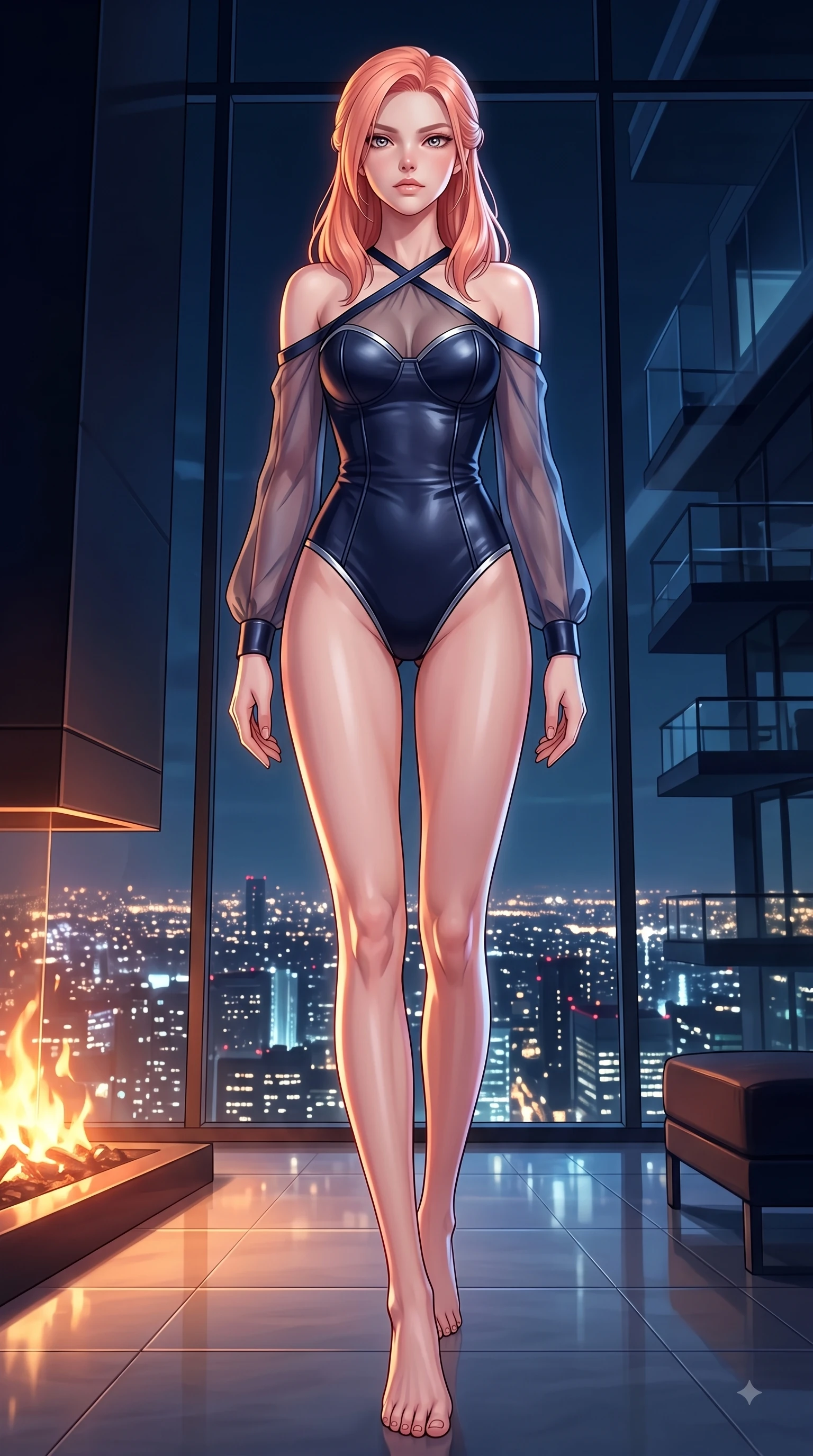score_9, masterpiece, best quality, ultra-detailed, high-budget anime keyframe, editorial fashion photography, tasteful artistic composition, Japanese woman. low angle full-body shot from head to toe showing her feet, filling the entire 9:16 vertical frame with her statuesque presence, stretching her vertical silhouette. stepping forward in a proud dynamic stride with an alluring waist tilt, her vertical silhouette filling the frame while lounging in an alluring S-curve pose on a plush silk daybed in a penthouse over city lights, glistening city lights twinkling softly through floor-to-ceiling glass in the background. She has an absolutely perfect, statuesque 8.5-heads proportion, an exceptionally tall and slender model-like female figure with impossibly long slender legs and an ultra-slim waist. sharp v-shaped jawline, high-bridge nose, intricate jewel-like eyes with depth, thick eyelashes, glossy lips with a natural sheen, flawlessly proportioned anatomical accuracy, natural body alignment, perfectly sculpted elegant limbs, clean dynamic posture without body distortion. wearing a tailored leather bustier over a sheer silk chiffon blouse in midnight navy blue and chrome trim, crafted from smooth liquid silk, complemented by criss-cross back straps highlighting her bare shoulders, the tailored fabric tightly following every curve of her athletic build. illuminated by glowing hearth embers and dramatic city night rim light. highly saturated vibrant anime colors, detailed shading with soft gradients, rich glossy textures, high-contrast stereoscopic depth, volumetric dynamic lighting, master piece, 9:16 ratio