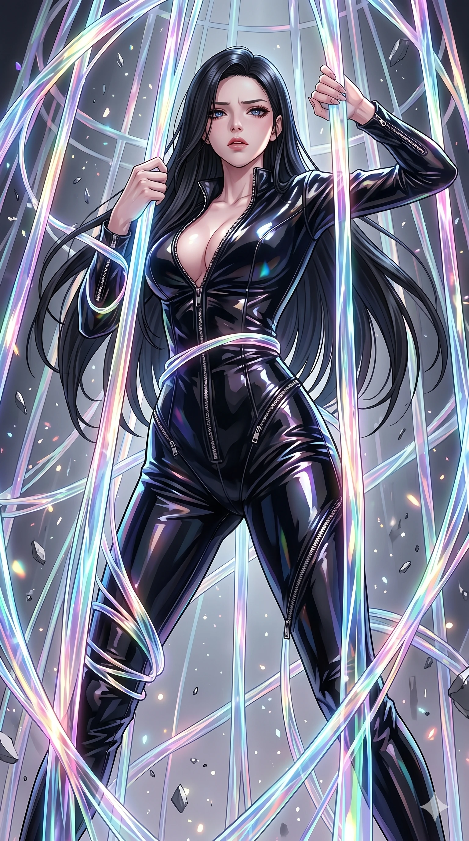 score_9, masterpiece, best quality, ultra-detailed, High-budget Anime Keyframe, East Asian woman. Dynamic full-body shot stretching the vertical silhouette to the limit. Scenario 62: Trapped in a cage of glowing crystalline fibers, body pressing against the bars. Her presence is magnetic and overpowering in this high-budget anime scene. Outfit 62: A patent leather second with a unzipped detail and tight-fitting silhouette. The clothing is designed to emphasize her exceptionally tall and slender 8-heads proportion. 8-heads proportion, towering silhouette, ultra-slim waist. sharp v-shaped jawline, intricate jewel-like eyes with depth, thick eyelashes, glossy lips. 2k, ultra detail, master piece, 9:16 ratio
