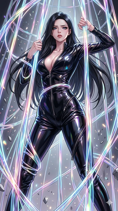 score_9, masterpiece, best quality, ultra-detailed, High-budget Anime Keyframe, East Asian woman. Dynamic full-body shot stretching the vertical silhouette to the limit. Scenario 62: Trapped in a cage of glowing crystalline fibers, body pressing agai