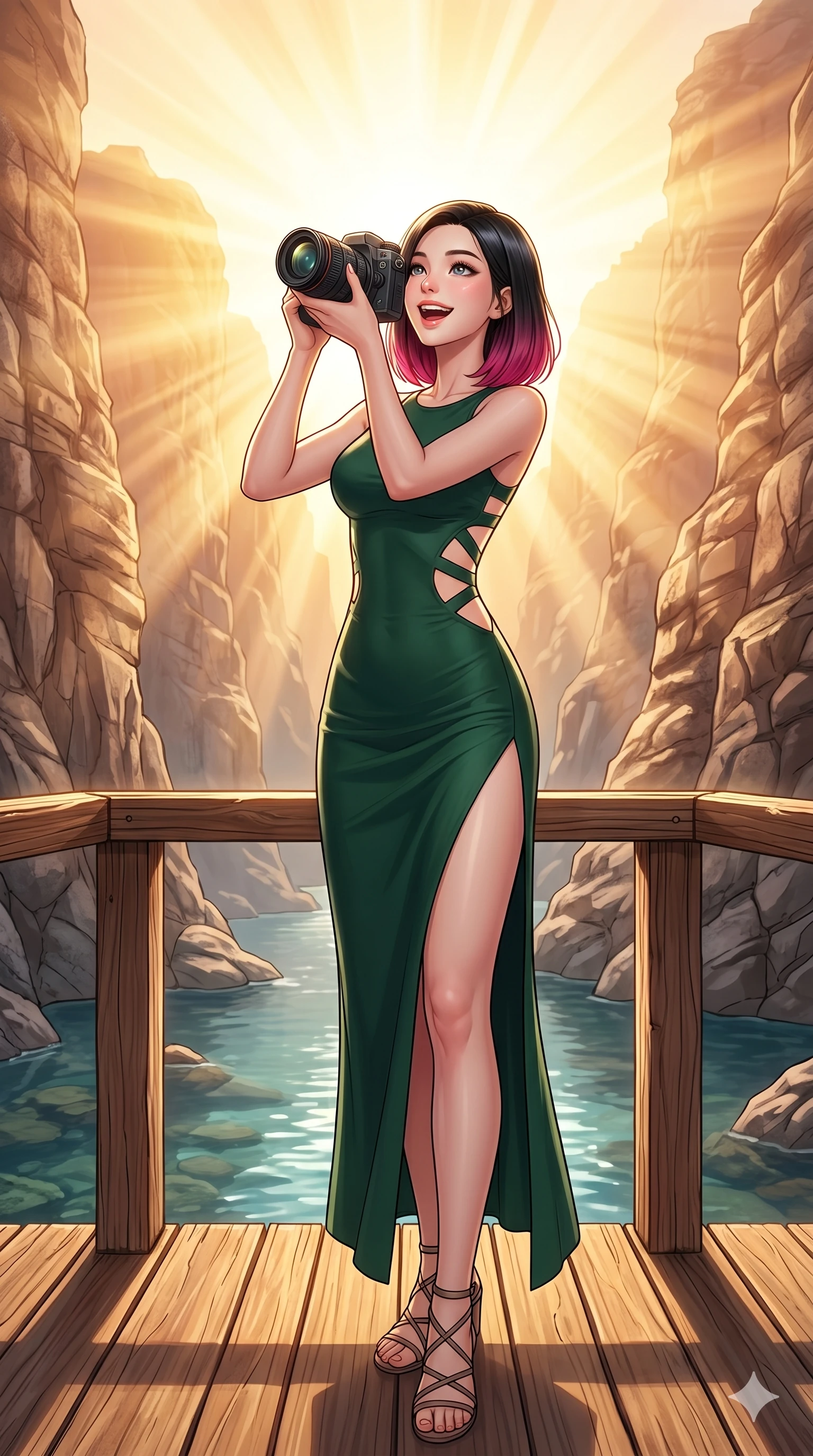 score_9, masterpiece, best quality, ultra-detailed, high-budget anime keyframe, vibrant anime aesthetic, Korean woman. cowboy shot from the thighs up, character and outfit filling the frame for maximum presence. She is holding a camera with a bright grin, looking up with a joyful expression on a wooden deck over a river pool in a canyon (Code-P20-115). She has an absolutely perfect 8-heads proportion, an exceptionally tall and slender female figure with impossibly long slender legs and an ultra-slim waist. V-shaped jawline, high-bridge nose, intricate jewel-like eyes with depth, thick eyelashes, glossy lips with a natural sheen. wearing a bodycon dress with side cutouts and high-slit leg line. She is brilliant golden rays radiating from the spring sky, creating a warm glowing atmosphere. 2k, ultra detail, master piece, 9:16 ratio