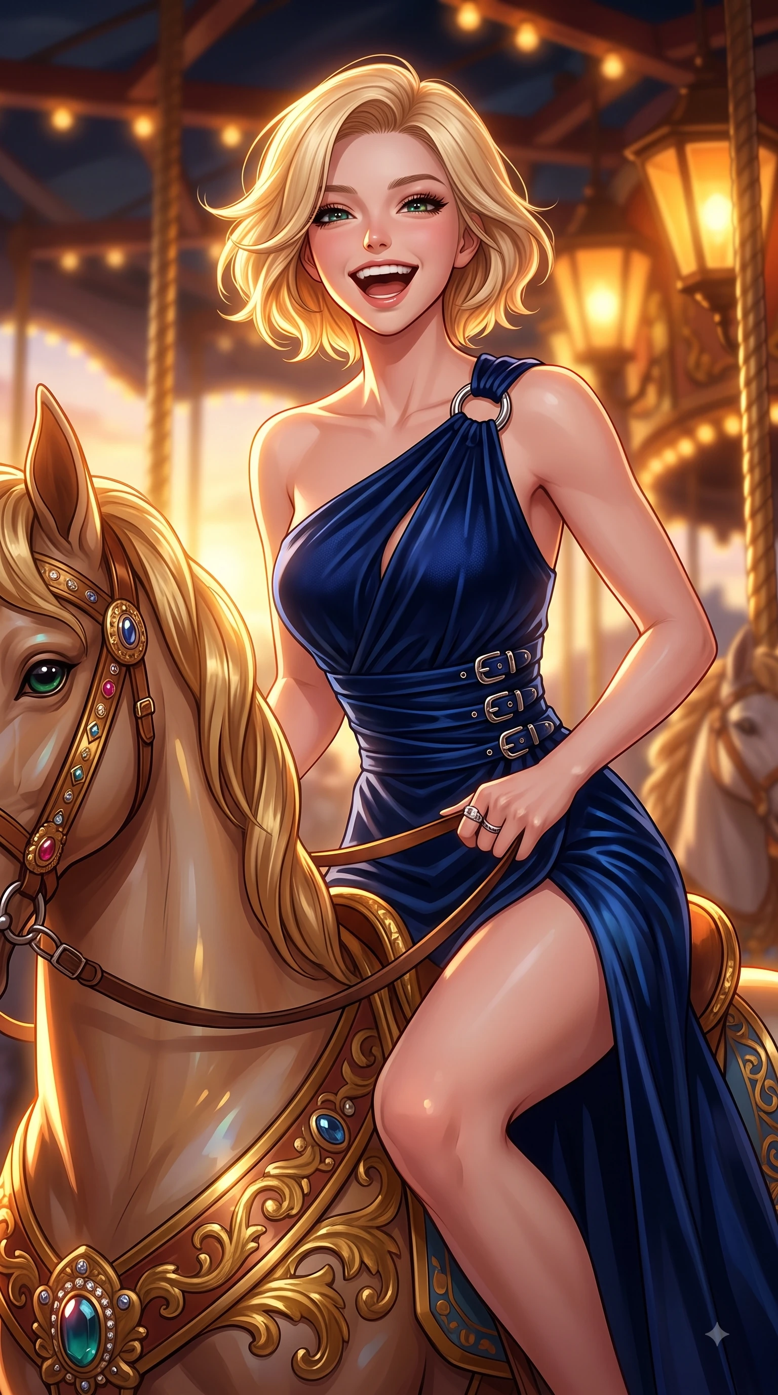 score_9, masterpiece, best quality, ultra-detailed, high-budget anime keyframe, editorial fashion photography, tasteful artistic composition, Caucasian woman. close-up cowboy shot from the waist and thighs up, the character dominates the composition, filling the frame with her large presence, background elements kept in soft focus. Joyful laughing expression filled with genuine happiness and warmth, leaning forward with cheerful energy while riding a ornate wooden carousel horse with a pure, joyful laughing expression at dusk, ornate carved carousel horses with gold-leaf trim reflecting bright amber highlights. She has an exceptionally elegant, slender, and willowy female figure with an ultra-slim waist, a gracefully sculpted slender torso, and a refined silhouette. sharp v-shaped jawline, high-bridge nose, intricate jewel-like eyes with depth, thick eyelashes, glossy lips with a natural sheen, flawlessly proportioned anatomical accuracy, natural body alignment, perfectly sculpted elegant limbs, clean dynamic posture without body distortion. wearing an asymmetrical Grecian draped chiffon gown with a metallic shoulder ring in midnight navy blue and chrome trim, made of premium stretch velvet with a rich sheen, detailed with polished silver buckles along the waistline, the form-contouring material highlighting her ultra-slim waist and long lines. bathed in glorious golden hour sunbeams and warm amber carousel lamp radiance. highly saturated vibrant anime colors, detailed shading with soft gradients, rich glossy textures, high-contrast stereoscopic depth, volumetric dynamic lighting, master piece, 9:16 ratio