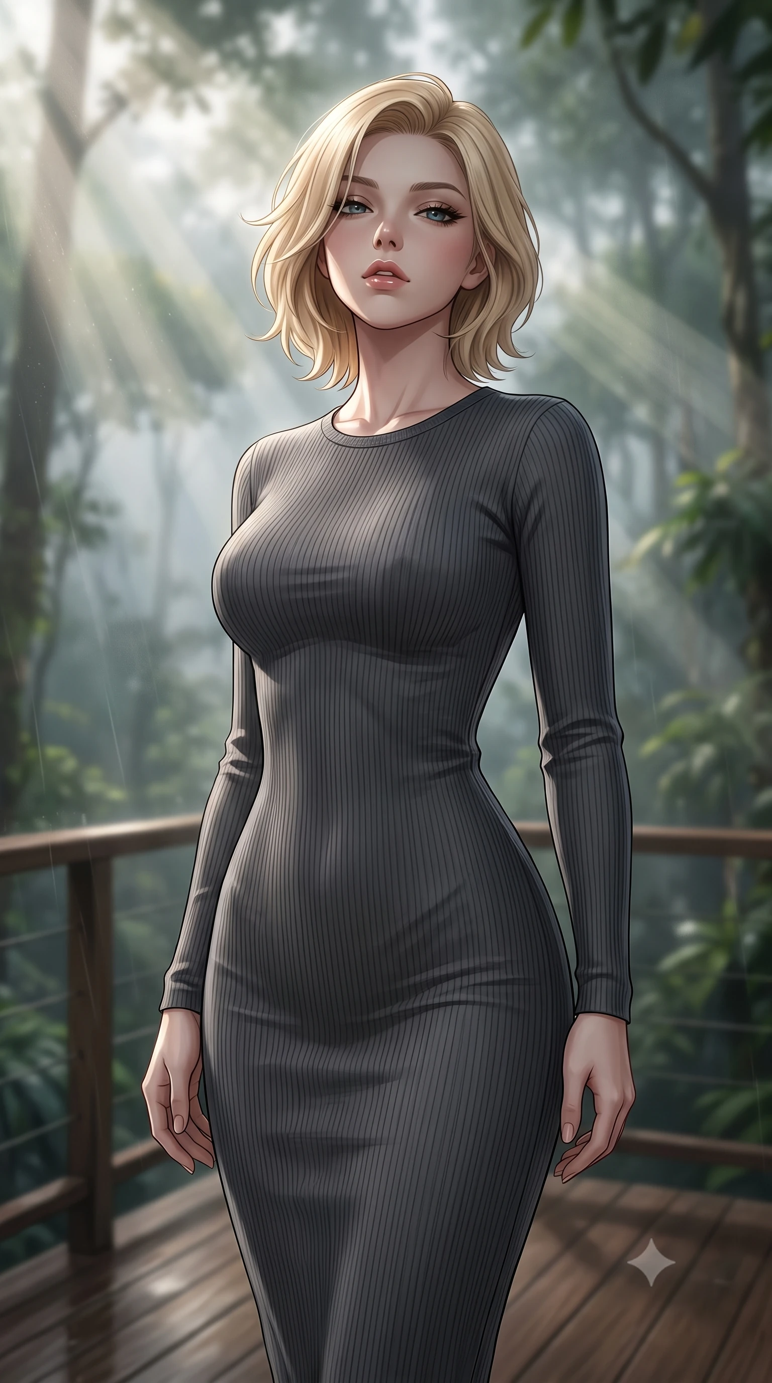 score_9, masterpiece, best quality, ultra-detailed, high-budget anime keyframe, editorial fashion photography, tasteful artistic composition, Caucasian woman woman. close-up cowboy shot from the waist and thighs up, the character dominates the composition, filling the frame with her large presence, background elements kept in soft focus. tilting her chin up slightly with lips parted in a composed, provocative expression the background shows a soft-focus a wooden villa deck suspended high in the canopy of a tropical rainforest with misty air. She has an exceptionally elegant, slender, and willowy female figure with an ultra-slim waist, a gracefully sculpted slender torso, and a refined silhouette. sharp v-shaped jawline, high-bridge nose, intricate jewel-like eyes with depth, thick eyelashes, glossy lips with a natural sheen. wearing a tailored form-contouring ribbed bodycon midi dress in charcoal grey with long sleeves. sunbeams slicing through the damp forest air, creating volumetric light rays. 2k, ultra detail, master piece, 9:16 ratio