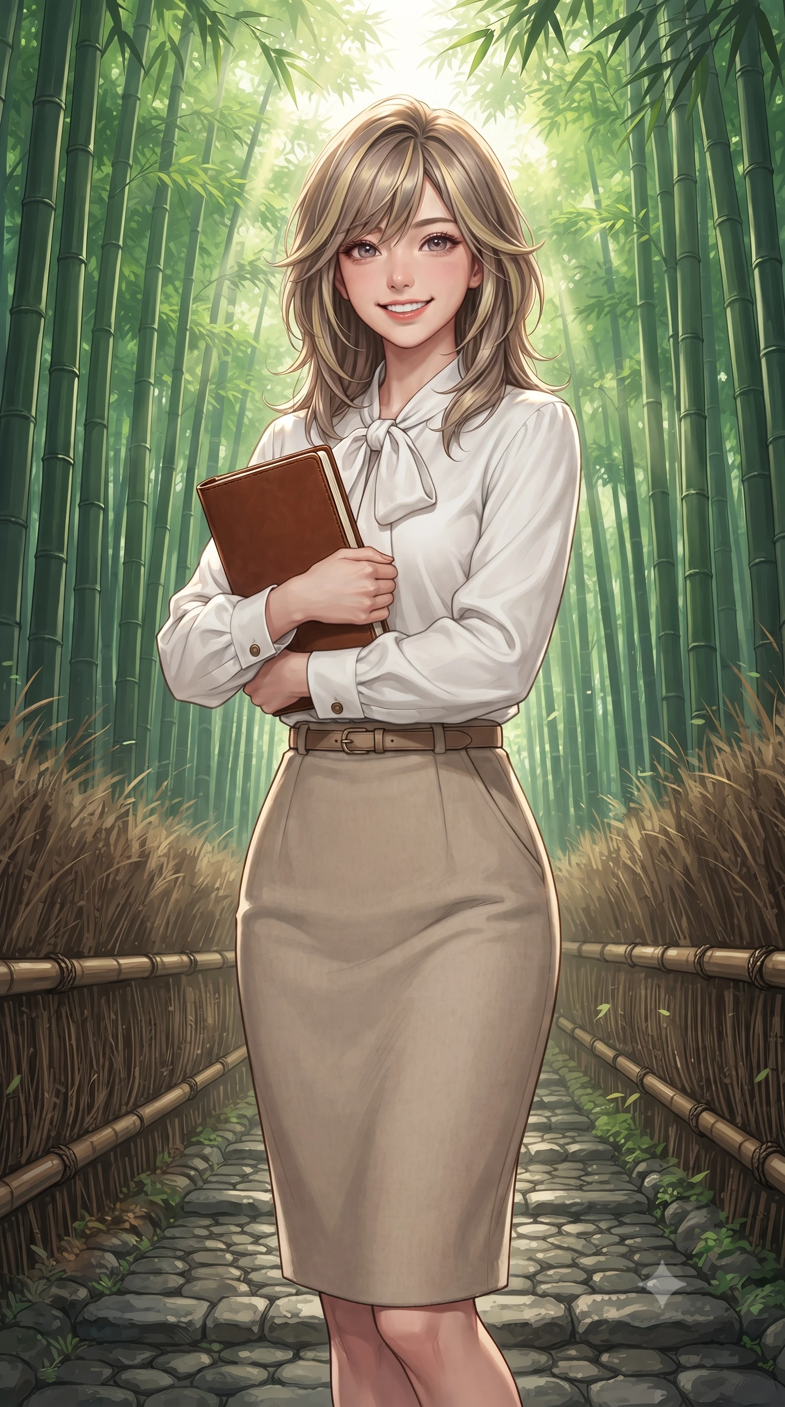 score_9, masterpiece, best quality, ultra-detailed, high-budget anime keyframe, editorial fashion photography, tasteful artistic composition, Japanese woman. close-up cowboy shot from the waist and thighs up, the character dominates the composition, filling the frame with her large presence. holding a leather notebook close to her chest with both arms, smiling delightfully with youthful scholarly grace while walking slowly beneath the towering bamboo canopy, listening to the gentle rustling leaves with peaceful aristocratic grace. The surrounding environment is rendered in vivid detail and crisp panoramic clarity: sharp vertical ridges on bamboo stalks, textured cobblestones on forest path, and woven bamboo railing cordage in deep focus. She has an exceptionally elegant, slender, and willowy female figure with an ultra-slim waist, flat toned midriff, narrow ribcage, and sculpted feminine hips creating an alluring, slim hourglass silhouette without bulk. sharp v-shaped jawline, high-bridge nose, intricate jewel-like sparkling eyes with depth, thick eyelashes, glossy parted lips with a natural peach sheen, bright cheerful beaming smile with an enchanting and coquettish sensual glint, exuding both youthful cute charm and seductive allure, flawlessly proportioned anatomical accuracy, strict slender model proportions, natural body alignment, perfectly sculpted long slender limbs, ultra-slim waistline, clean dynamic posture without body distortion. wearing a fluid silk crepe pussy-bow blouse paired with a high-waisted tailored pencil midi skirt and slim leather belt in Swiss alpine snow white and oat cashmere, made of crisp Egyptian cotton poplin with pristine tailored pressing, featuring delicate tonal horn buttons and meticulous hand-stitched pick-lapel borders, the expertly draped wool fabric falling in crisp fluid lines along her tall 8.5-heads silhouette, celebrating her slender frame without excess fabric bulk. bathed in ethereal shafts of morning sunlight (komorebi) piercing through dense emerald bamboo canopies. ultra-reflective glossy finish, specular highlights, rich textural contrasts, high-contrast stereoscopic depth, volumetric dynamic lighting, 2k, ultra detail, master piece, 9:16 ratio