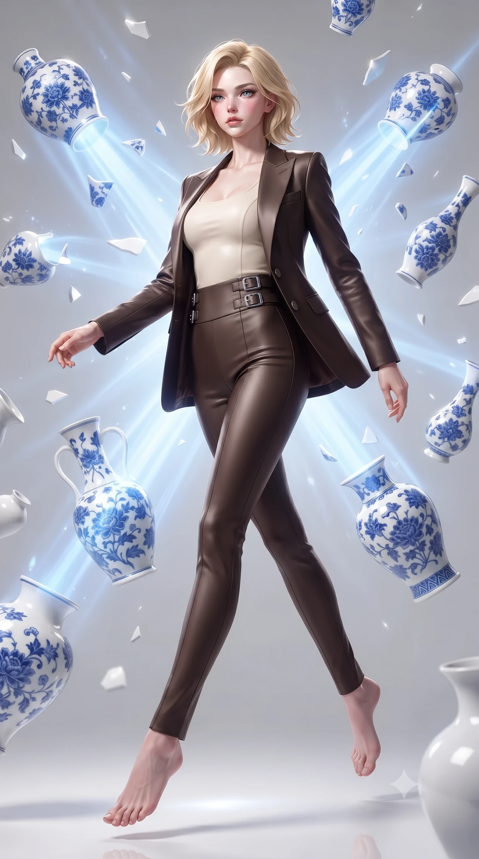 score_9, masterpiece, best quality, ultra-detailed, high-budget anime keyframe, editorial fashion photography, tasteful artistic composition, Caucasian woman. low angle full-body shot from head to toe showing her feet, filling the entire 9:16 vertical frame with her statuesque presence, stretching her vertical silhouette. performing an athletic mid-air rotation with flawless poise, her vertical silhouette beautifully stretched while stepping forward with proud posture as alchemy light beams illuminate her statuesque figure, intricate cobalt blue floral patterns on floating white ceramic vase shards. She has an absolutely perfect, statuesque 8.5-heads proportion, an exceptionally tall and slender model-like female figure with impossibly long slender legs and an ultra-slim waist. sharp v-shaped jawline, high-bridge nose, intricate jewel-like eyes with depth, thick eyelashes, glossy lips with a natural sheen, flawlessly proportioned anatomical accuracy, natural body alignment, perfectly sculpted elegant limbs, clean dynamic posture without body distortion. wearing a tailored silk blazer over a form-contouring scoop-neck top and slacks in espresso brown and warm cream, formed from sleek second-skin neoprene, detailed with polished silver buckles along the waistline, the form-contouring material highlighting her ultra-slim waist and long lines. surrounded by a majestic inner radiance highlighting glossy white porcelain. ultra-reflective glossy finish, specular highlights, metallic sheen, high-contrast stereoscopic depth, volumetric dynamic lighting, 2k, ultra detail, master piece, 9:16 ratio