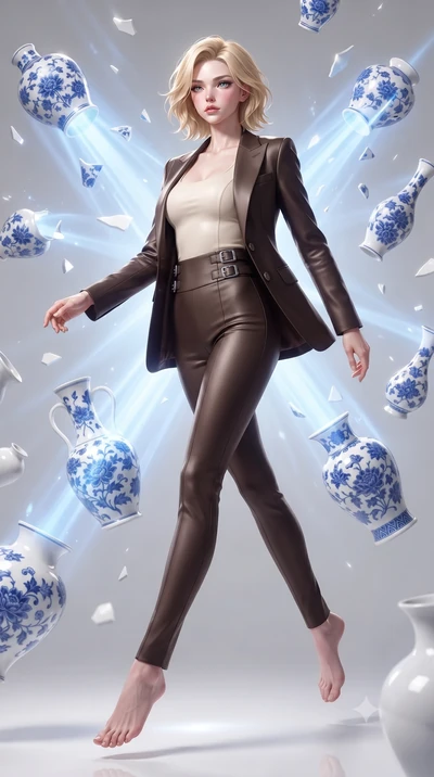 score_9, masterpiece, best quality, ultra-detailed, high-budget anime keyframe, editorial fashion photography, tasteful artistic composition, Caucasian woman. low angle full-body shot from head to toe showing her feet, filling the entire 9:16 vertica