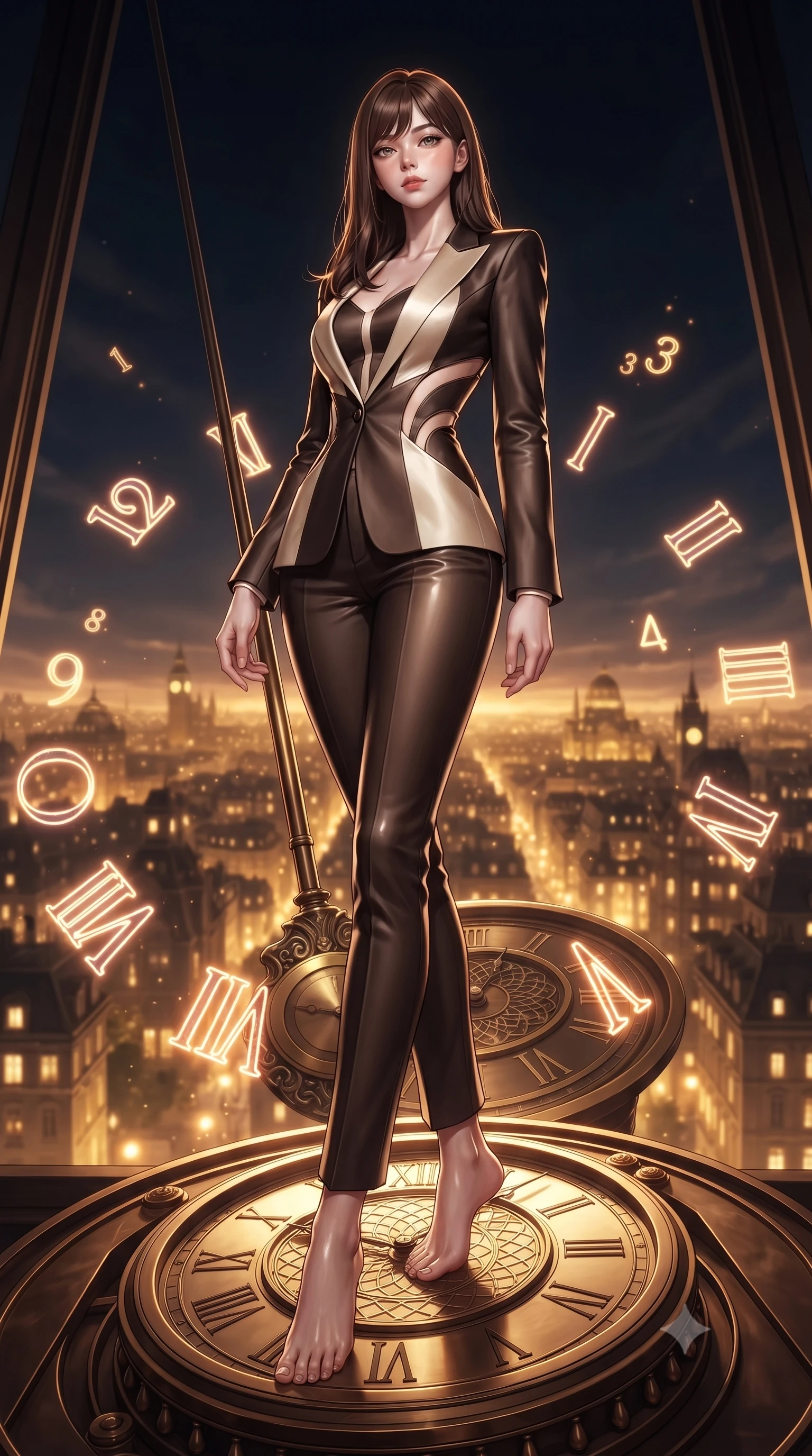 score_9, masterpiece, best quality, ultra-detailed, high-budget anime keyframe, editorial fashion photography, tasteful artistic composition, Korean woman. low angle full-body shot from head to toe showing her feet, filling the entire 9:16 vertical frame with her statuesque presence, stretching her vertical silhouette. navigating the luminous space with effortless poise, displaying her perfect model proportions poised on a massive mechanical clock pendulum swinging over a golden city, glowing neon clock numbers floating in the air with vintage elegancy. She has an absolutely perfect, statuesque 8.5-heads proportion, an exceptionally tall and slender model-like female figure with impossibly long slender legs and an ultra-slim waist. sharp v-shaped jawline, high-bridge nose, intricate jewel-like eyes with depth, thick eyelashes, glossy lips with a natural sheen. wearing a tailored silk blazer over a form-contouring top and fitted slacks in espresso brown and warm cream, crafted from smooth liquid silk, featuring clean architectural cutouts along her slender torso, the sleek second-skin texture accentuating her magnetic presence. bathed in warm twilight amber backlighting and rich metallic specular glow. ultra-reflective glossy finish, specular highlights, metallic sheen, high-contrast stereoscopic depth, volumetric dynamic lighting, 2k, ultra detail, master piece, 9:16 ratio