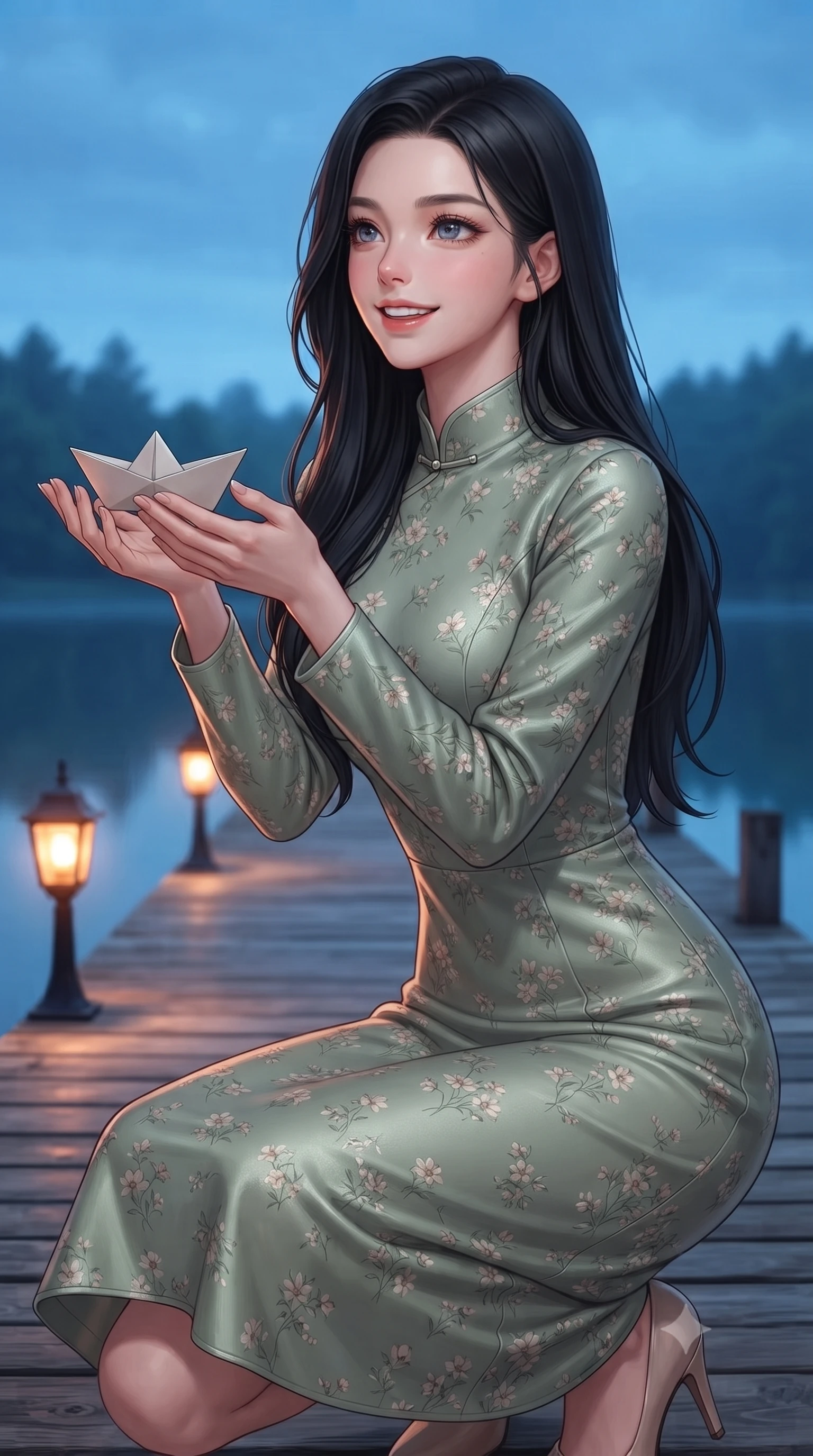 score_9, masterpiece, best quality, ultra-detailed, high-budget anime keyframe, editorial fashion photography, tasteful artistic composition, Korean woman. close-up cowboy shot from the waist and thighs up, the character dominates the composition, filling the frame with her large presence, background elements kept in soft focus. gazing past the camera with a happy, bright expression and a warm smile set against a soft-focus background of on a quiet wooden pier extending into a calm, blue forest lake holding a small paper boat with a delighted smile, ready to float it. She has an exceptionally elegant, slender, and willowy female figure with an ultra-slim waist, a gracefully sculpted slender torso, and a refined silhouette. sharp v-shaped jawline, high-bridge nose, intricate jewel-like eyes with depth, thick eyelashes, glossy lips with a natural sheen. wearing slim-fit lovely floral print midi dress in sage green, featuring a high collar and long sleeves. cool twilight sky glow contrasting with the warm orange light of streetlamps. ultra-reflective glossy finish, specular highlights, metallic sheen, high-contrast stereoscopic depth, volumetric dynamic lighting, 2k, ultra detail, master piece, 9:16 ratio