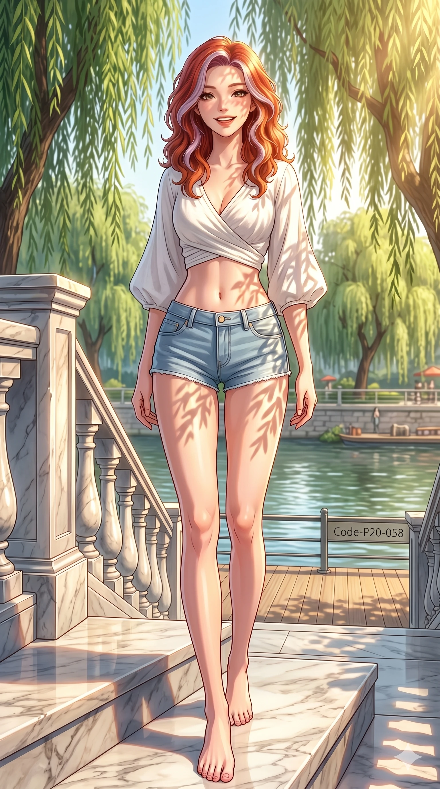score_9, masterpiece, best quality, ultra-detailed, high-budget anime keyframe, vibrant anime aesthetic, Caucasian woman, strictly human ears. low angle full-body shot from head to toe showing her feet, filling the entire 9:16 vertical frame with her statuesque presence, stretching her vertical silhouette. She is standing on the marble steps, looking at the camera with a radiant smile by a scenic river bank deck with weeping willows (Code-P20-058). She has an absolutely perfect 8-heads proportion, an exceptionally tall and slender female figure with impossibly long slender legs and an ultra-slim waist. V-shaped jawline, high-bridge nose, intricate jewel-like eyes with depth, thick eyelashes, glossy lips with a natural sheen. wearing a wrap top exposing her bare midriff and micro-shorts on the sand. She is drenched in warm afternoon sunbeams, casting soft garden shadows on her skin. 2k, ultra detail, master piece, 9:16 ratio