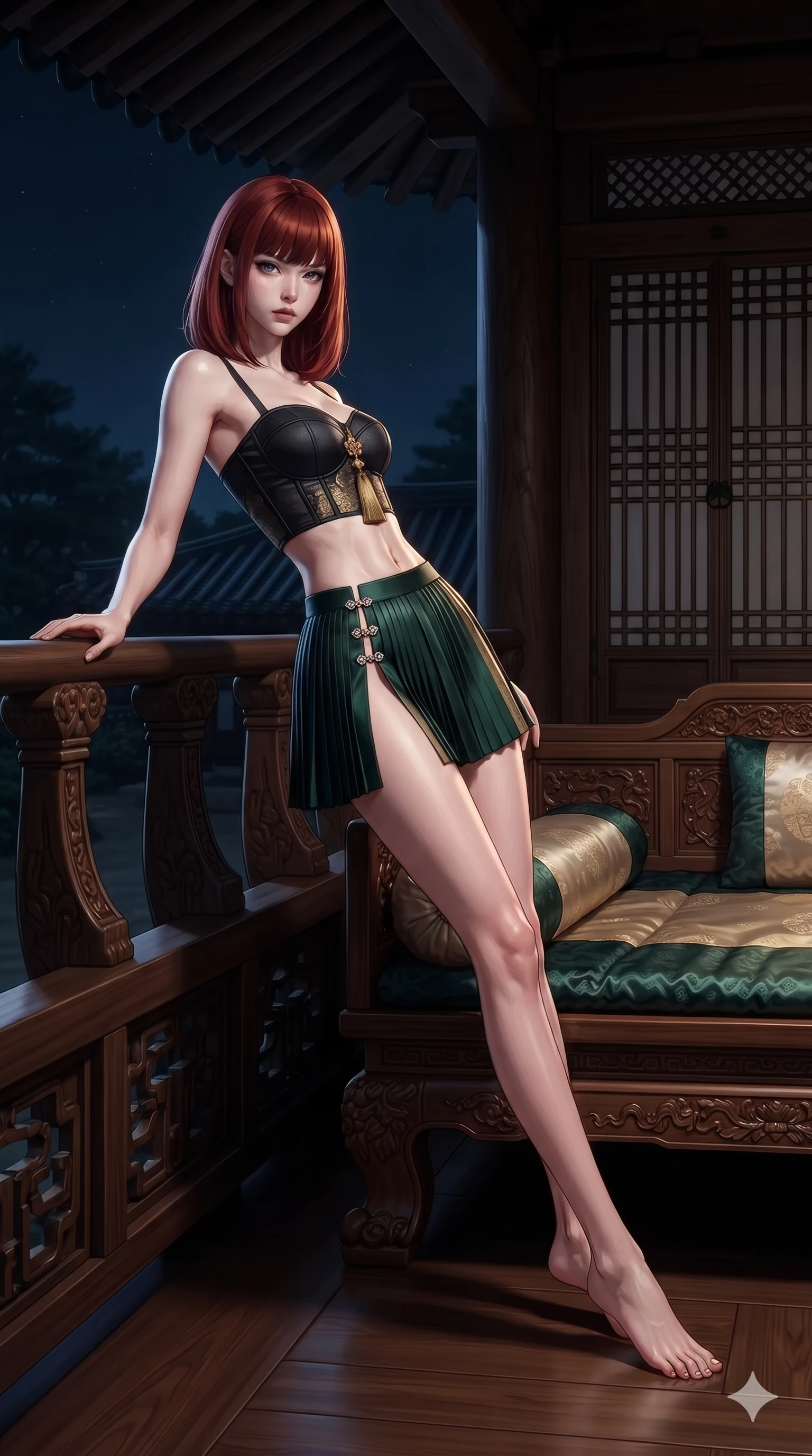 score_9, masterpiece, best quality, ultra-detailed, high-budget anime keyframe, editorial fashion photography, tasteful artistic composition, Caucasian woman. low angle full-body shot from head to toe showing her feet, filling the entire 9:16 vertical frame with her statuesque presence, stretching her vertical silhouette. leaning deep against the balcony balustrade with hips cocked back in an unapologetically alluring high-fashion stance, casting an intoxicating glance while reclining gracefully across the carved teak daybed with one leg extended, her sculpted silhouette and flat midriff radiating nocturnal serenity. The surrounding environment is rendered in vivid detail and crisp panoramic clarity: detailed backless silk halter leotard tailoring, sheer wrap overskirt drape, and traditional Korean pavilion joinery in razor-sharp precision. She has an absolutely perfect, statuesque 8.5-heads proportion, an exceptionally tall and slender model-like female figure with impossibly long slender legs, an ultra-slim waist, a flat toned midriff, narrow delicate ribcage, and beautifully sculpted feminine hips creating a graceful, slim hourglass silhouette without any bulky heaviness. sharp v-shaped jawline, high-bridge nose, sparkling eyes with hypnotic seductive depth, thick curled eyelashes, glossy parted lips with a natural dewy peach sheen, alluring bedroom-eyes with an enchanting coquettish smile, exuding magnetic siren charisma and sophisticated glamour, flawlessly proportioned anatomical accuracy, strict slender model proportions, natural body alignment, perfectly sculpted long slender limbs, ultra-slim waistline, clean dynamic posture without body distortion. wearing a modern boned hanbok bustier top with norigae tassel paired with an ultra-short micro-pleated silk wrap mini skirt in dark emerald forest and brushed antique gold, made of liquid dark mercury jersey with seamless sculpting hold and fluid drape, finished with an ultra-high side slit secured by miniature jeweled clasps, the form-contouring silhouette accentuating her sculpted flat midriff, narrow delicate ribcage, and gracefully curvy hips with intoxicating allure. illuminated by pond surface moonbeam bounce and sharp platinum rim lights sculpting her razor-sharp jawline, narrow waist, and curvy hips. ultra-reflective glossy finish, specular highlights, rich textural contrasts, high-contrast stereoscopic depth, volumetric dynamic lighting, 2k, ultra detail, master piece, 9:16 ratio