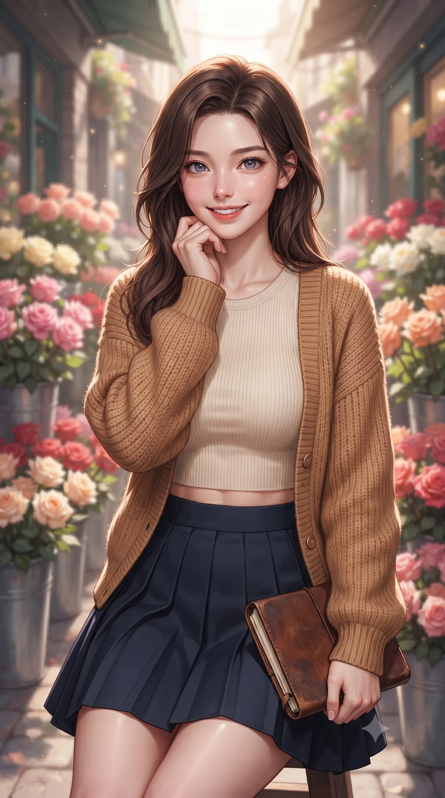 score_9, masterpiece, best quality, ultra-detailed, high-budget anime keyframe, editorial fashion photography, tasteful artistic composition, Korean woman. close-up cowboy shot from the waist and thighs up, the character dominates the composition, filling the frame with her large presence, background elements kept in soft focus. smiling cutely while resting her chin on her hand, looking directly into the lens set against a soft-focus background of outside a charming flower shop alley filled with buckets of colorful roses holding a classic leather notebook bought from the stationery shop. She has an exceptionally elegant, slender, and willowy female figure with an ultra-slim waist, a gracefully sculpted slender torso, and a refined silhouette. sharp v-shaped jawline, high-bridge nose, intricate jewel-like eyes with depth, thick eyelashes, glossy lips with a natural sheen. wearing body-hugging crop top under an open knit cardigan, paired with a high-waist pleated A-line skirt. soft morning sunbeams highlighting the colorful flowers and her face. ultra-reflective glossy finish, specular highlights, metallic sheen, high-contrast stereoscopic depth, volumetric dynamic lighting, 2k, ultra detail, master piece, 9:16 ratio