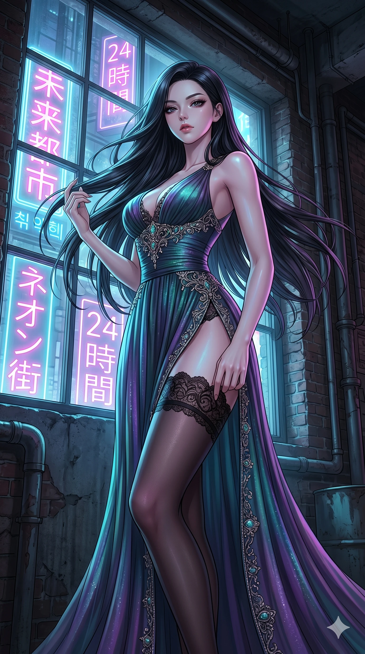 score_9, masterpiece, best quality, ultra-detailed, High-budget Anime Keyframe, East Asian woman. Low angle cowboy shot filling the entire 9:16 frame with her statuesque presence. Scenario 167: Adjusting her thigh-high stocking by a glowing neon window. Her presence is magnetic and overpowering in this high-budget anime scene. Outfit 167: A shimmering chiffon long with a thigh-high slit and tight-fitting silhouette. The clothing is designed to emphasize her exceptionally tall and slender 8-heads proportion. 8-heads proportion, towering silhouette, ultra-slim waist. sharp v-shaped jawline, intricate jewel-like eyes with depth, thick eyelashes, glossy lips. 2k, ultra detail, master piece, 9:16 ratio