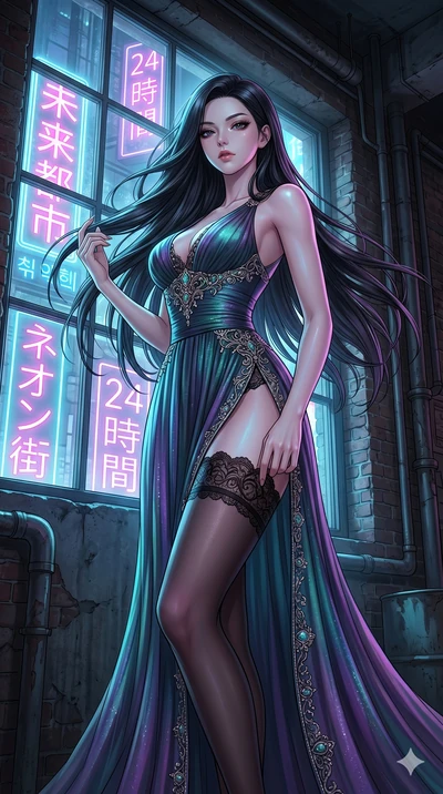 score_9, masterpiece, best quality, ultra-detailed, High-budget Anime Keyframe, East Asian woman. Low angle cowboy shot filling the entire 9:16 frame with her statuesque presence. Scenario 167: Adjusting her thigh-high stocking by a glowing neon wind