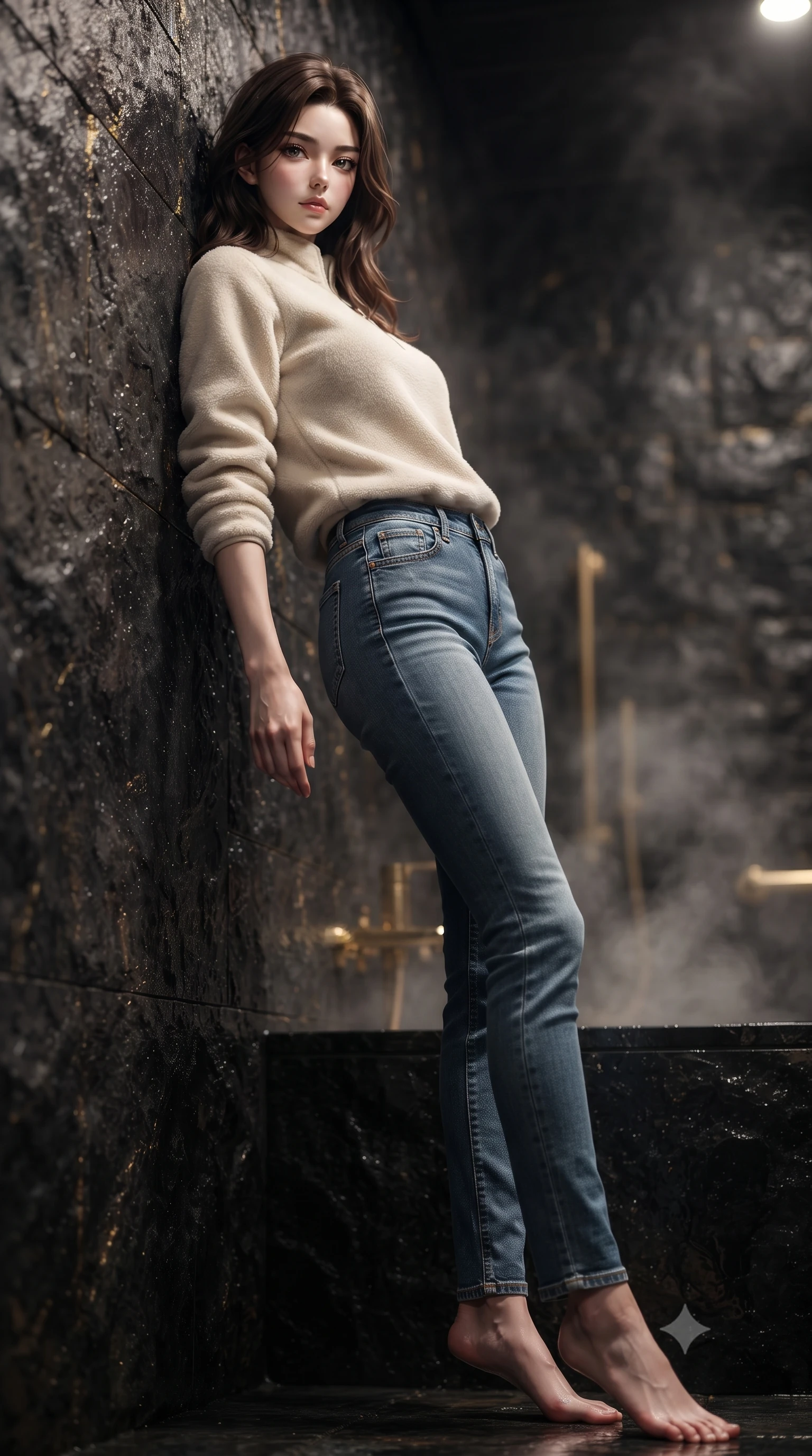 score_9, masterpiece, best quality, ultra-detailed, high-budget anime keyframe, editorial fashion photography, tasteful artistic composition, Korean woman. low angle full-body shot from head to toe showing her feet, filling the entire 9:16 vertical frame with her statuesque presence, stretching her vertical silhouette. leaning back against a rustic stone wall, casting a slow, alluring gaze at the camera the background shows a soft-focus a steamy private bath chamber built of dark obsidian stone with gold accents. She has an absolutely perfect, statuesque 8.5-heads proportion, an exceptionally tall and slender model-like female figure with impossibly long slender legs and an ultra-slim waist. sharp v-shaped jawline, high-bridge nose, intricate jewel-like eyes with depth, thick eyelashes, glossy lips with a natural sheen. wearing a tailored comfortable cream fleece sweater over blue denim jeans. dramatic chiaroscuro lighting focusing on her athletic, slender build. ultra-reflective glossy finish, specular highlights, metallic sheen, high-contrast stereoscopic depth, volumetric dynamic lighting, 2k, ultra detail, master piece, 9:16 ratio