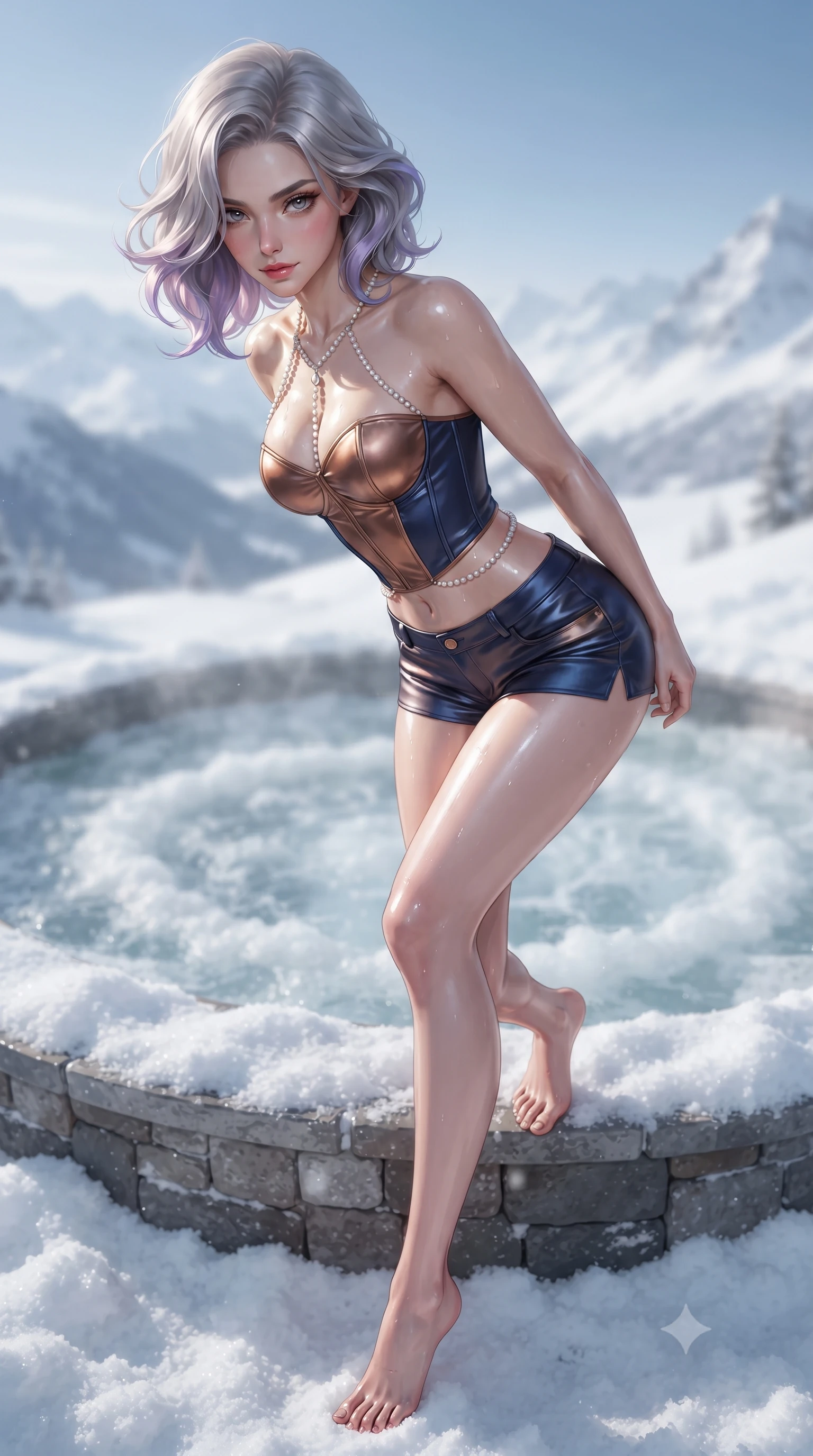 score_9, masterpiece, best quality, ultra-detailed, high-budget anime keyframe, editorial fashion photography, tasteful artistic composition, Caucasian woman. low angle full-body shot from head to toe showing her feet, filling the entire 9:16 vertical frame with her statuesque presence, stretching her vertical silhouette. sitting poised on the stone steps with one knee bent, arching her spine with supermodel elegance as she glances upward through thick eyelashes while leaning over the transparent infinity rim with hips cocked back, looking down into the snow-filled abyss with smoldering supermodel cool. The background shows a soft-focus frothy jacuzzie bubble rings softened in high-altitude extreme luxury shallow focus. She has an absolutely perfect, statuesque 8.5-heads proportion, an exceptionally tall and slender model-like female figure with impossibly long slender legs, an ultra-slim waist, a flat toned midriff, narrow delicate ribcage, and beautifully sculpted feminine hips creating a graceful, slim hourglass silhouette without any bulky heaviness. sharp v-shaped jawline, high-bridge nose, sparkling eyes with hypnotic seductive depth, thick curled eyelashes, glossy parted lips with a natural dewy peach sheen, alluring bedroom-eyes with an enchanting coquettish smile, exuding magnetic siren charisma and sophisticated glamour, flawlessly proportioned anatomical accuracy, strict slender model proportions, natural body alignment, perfectly sculpted long slender limbs, ultra-slim waistline, clean dynamic posture without body distortion. wearing a strapless boned satin corset bodice paired with low-waisted tailored satin hot-pants in molten liquid bronze and deep sapphire navy, woven from buttery-soft stretch lambskin leather adhering to her body like a second skin, accented with a pearl-drop body harness subtly framing her dewy collarbones and spine, the glove-like clinging cut tightly following the natural contour of her hips and long slender legs with youthful 8.5-heads elegance. illuminated by bubbling water surface caustics and sharp platinum rim lights sculpting her razor-sharp jawline, narrow waist, and curvy hips. ultra-reflective glossy finish, specular highlights, rich textural contrasts, high-contrast stereoscopic depth, volumetric dynamic lighting, 2k, ultra detail, master piece, 9:16 ratio