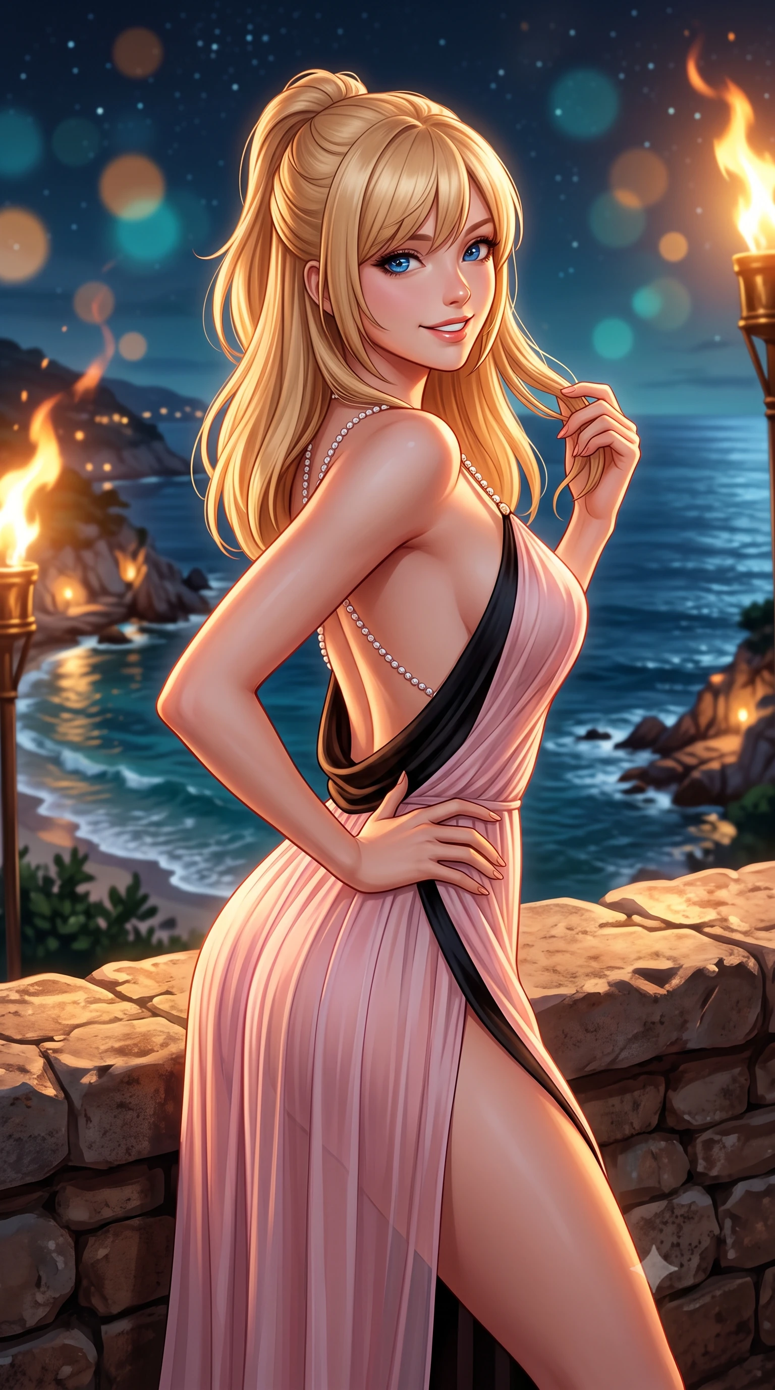 score_9, masterpiece, best quality, ultra-detailed, high-budget anime keyframe, semi-realistic 3D game render, editorial fashion photography, tasteful artistic composition, Caucasian woman. close-up cowboy shot from the waist and thighs up, the character dominates the composition, filling the frame with her large presence. twisting her slender torso in an alluring contrapposto stance, one hand resting on her sculpted hip while her fingers toy with her hair with effortless poise while leaning against the rustic stone parapet with hips cocked back, looking over illuminated shoreline coves with smoldering bedroom-eyes. The background shows a soft-focus flickering flame ribbons from brass torches, dark waves rolling into illuminated rocky inlets, and starry sky blurred into amber, turquoise, and obsidian bokeh. She has an exceptionally elegant, slender, and willowy female figure with an ultra-slim waist, flat toned midriff, narrow ribcage, and sculpted feminine hips creating an alluring, slim hourglass silhouette without bulk. sharp v-shaped jawline, high-bridge nose, intricate jewel-like sparkling eyes with depth, thick eyelashes, glossy parted lips with a natural peach sheen, bright cheerful beaming smile with an enchanting and coquettish sensual glint, exuding both youthful cute charm and seductive allure, flawlessly proportioned anatomical accuracy, strict slender model proportions, natural body alignment, perfectly sculpted long slender limbs, ultra-slim waistline, clean dynamic posture without body distortion. wearing an ethereal sheer pleated georgette resort slip dress with hip-high side slits and an open cowl back clinging in sea breezes in Kyoto moonlit sakura blush and polished urushi black, made of fluid liquid jersey with seamless sculpting hold and smooth contours, accented with a pearl-drop body harness subtly framing her dewy collarbones and spine, the high-slit wrap tailoring accentuating her ultra-slim waistline and the enchanting curve of her feminine hips with alluring seductive charm. bathed in the dramatic warm 2100K flame glow of dancing oil torches mixed with cool Mediterranean sea moonlight. highly saturated vibrant anime colors, detailed shading with soft gradients, rich glossy textures, high-contrast stereoscopic depth, volumetric dynamic lighting, master piece, 9:16 ratio