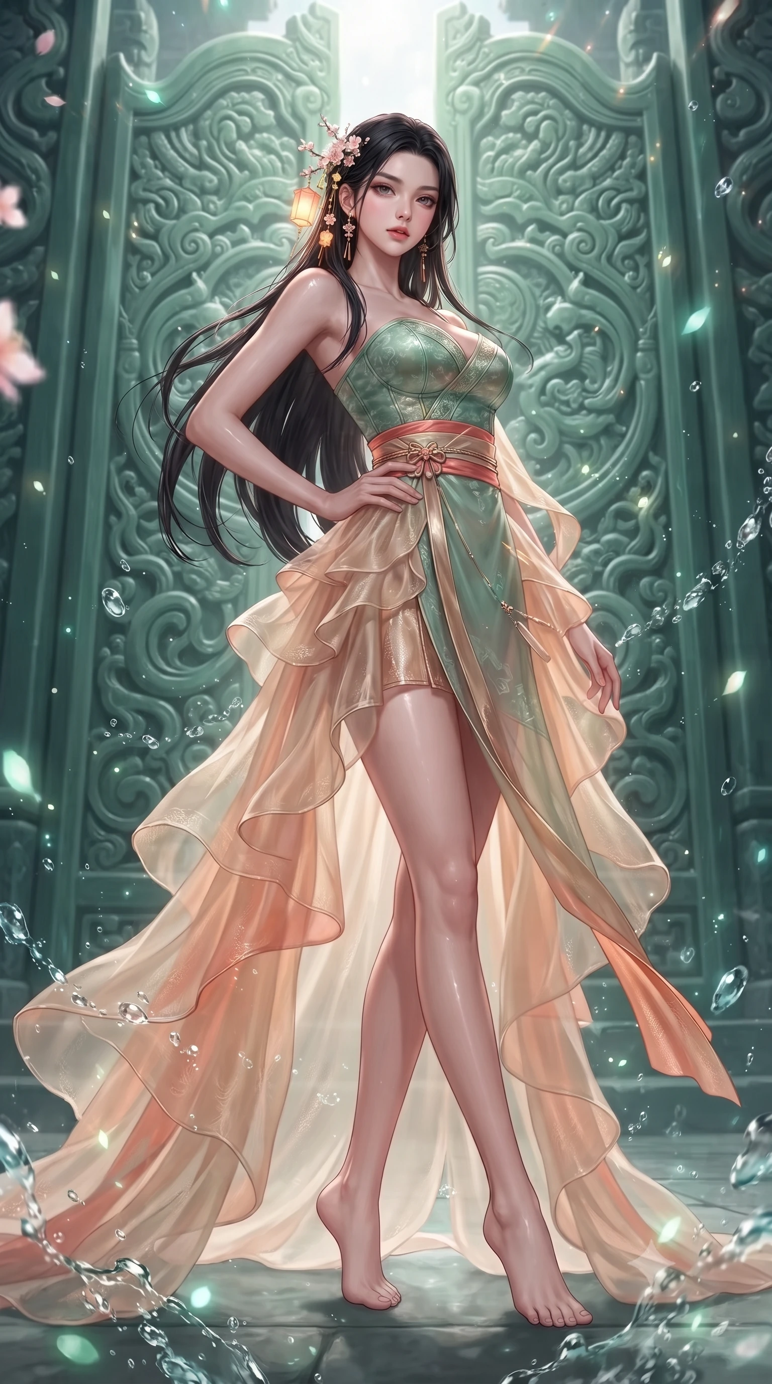 score_9, masterpiece, best quality, ultra-detailed, high-budget anime keyframe, editorial fashion photography, tasteful artistic composition, Korean woman. low angle full-body shot from head to toe showing her feet, filling the entire 9:16 vertical frame with her statuesque presence, stretching her vertical silhouette. standing poised with one hip cocked in an alluring high-fashion pose, her tall 8.5-heads proportions dominating the scene while arching her spine in a fluid martial arts greeting stance before the colossal biomechanical jade palace gates. The composition keeps background elements in soft focus with creamy bokeh. sparkling water droplets and glowing jade micro-particles scattering luminous light motes. She has an absolutely perfect, statuesque 8.5-heads proportion, an exceptionally tall and slender model-like female figure with impossibly long slender legs, a toned flat midriff, and an ultra-slim waist. sharp v-shaped jawline, high-bridge nose, intricate jewel-like eyes with depth, thick eyelashes, glossy lips with a natural sheen, captivating and magnetic expression, flawlessly proportioned anatomical accuracy, strict slender model proportions, natural body alignment, perfectly sculpted long slender limbs, ultra-slim waistline, clean dynamic posture without body distortion. wearing a jade-inlaid silk bustier dress with multi-tiered translucent organza train and metallic sash in sunrise coral and champagne gold, crafted from sheer cascading chiffon that ripples like water, accessorized with delicate cherry blossom hairpins and glowing paper lantern charms, the liquid-tight tailored fabric emphasizing every curve of her tall, slender model proportions and sculptured silhouette during dynamic movement. illuminated by wet reflective highlights defining her sculpted neck, waistline, and slender legs. ultra-reflective glossy finish, specular highlights, rich textural contrasts, high-contrast stereoscopic depth, volumetric dynamic lighting, 2k, ultra detail, master piece, 9:16 ratio