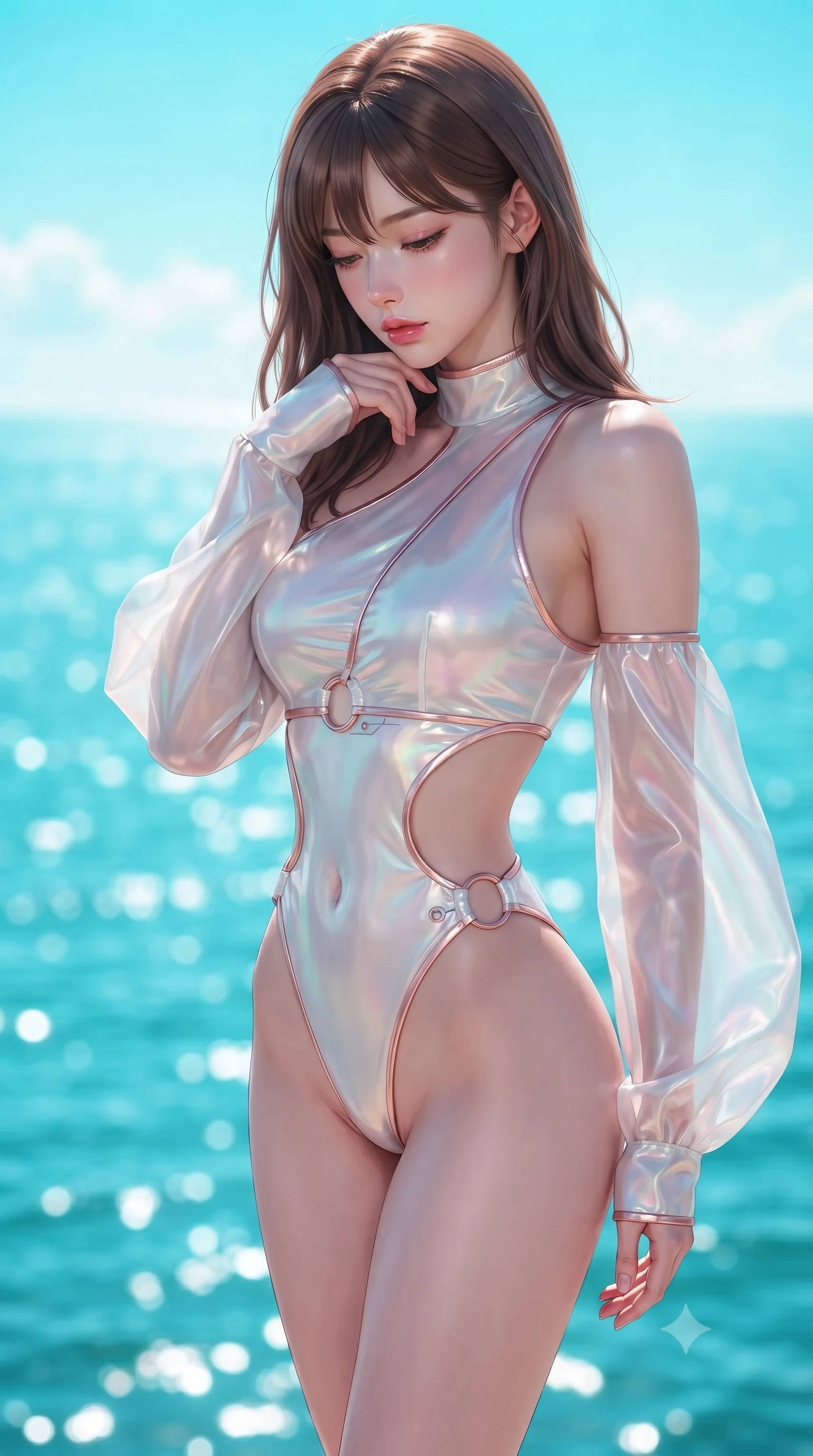 score_9, masterpiece, best quality, ultra-detailed, high-budget anime keyframe, editorial fashion photography, tasteful artistic composition, Korean woman. close-up cowboy shot from the waist and thighs up, the character dominates the composition, filling the frame with her large presence, background elements kept in soft focus. Looking down with lowered lashes and a composed, powerful aura, looking out over a sparkling turquoise ocean as wind trails move her attire, sparkling ocean ripples forming a bright turquoise backdrop in soft focus. She has an exceptionally elegant, slender, and willowy female figure with an ultra-slim waist, a gracefully sculpted slender torso, and a refined silhouette. sharp v-shaped jawline, high-bridge nose, intricate jewel-like eyes with depth, thick eyelashes, glossy lips with a natural sheen. wearing asymmetric high-cut cyber-bodysuit with detached sleeves in pearl white in pearl white, made of iridescent hologram organza, trimmed with rose-gold ring hardware along the waist contours, following her slender form with tailored precision. bathed in bright turquoise ocean skyglow with soft white rim lights. highly saturated vibrant anime colors, detailed shading with soft gradients, rich glossy textures, high-contrast stereoscopic depth, volumetric dynamic lighting, master piece, 9:16 ratio