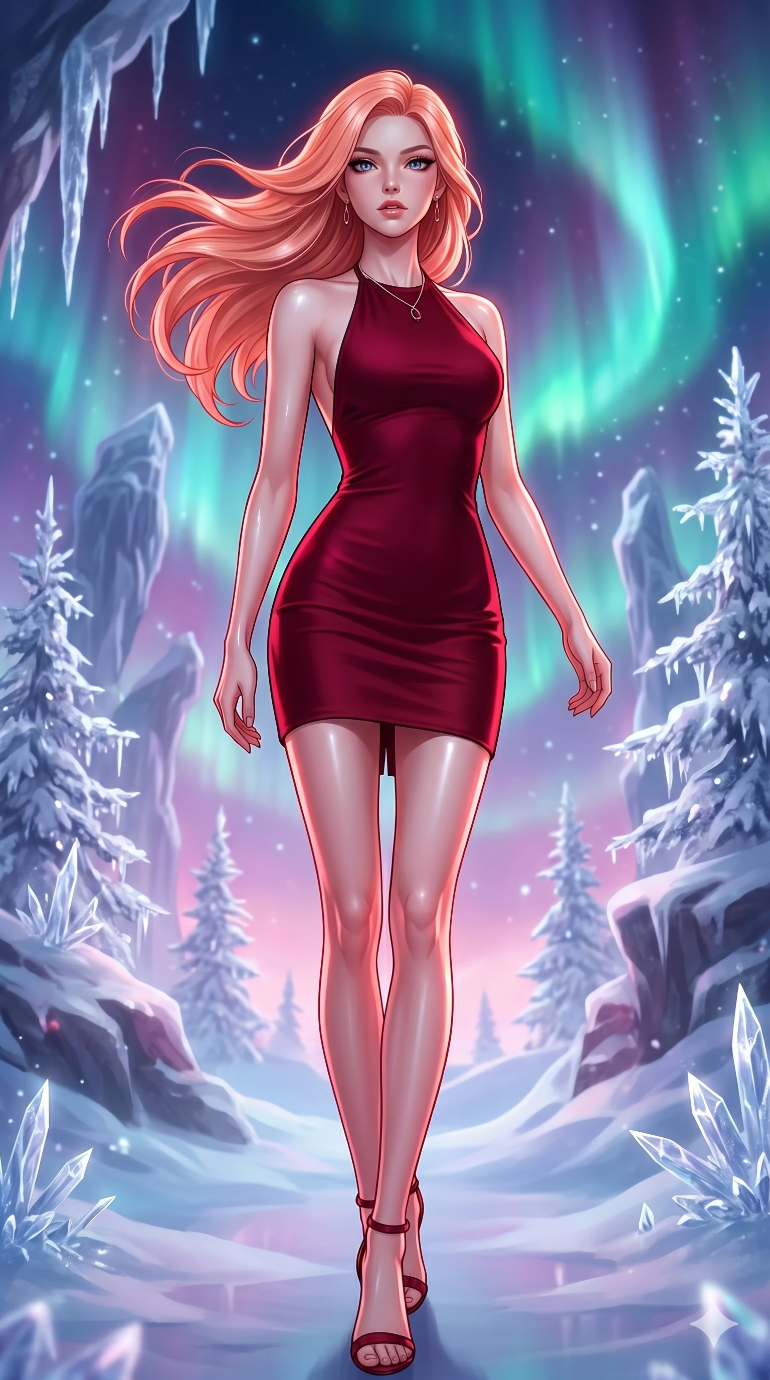 score_9, masterpiece, best quality, ultra-detailed, high-budget anime keyframe, editorial fashion photography, tasteful artistic composition, Japanese woman. low angle full-body shot from head to toe showing her feet, filling the entire 9:16 vertical frame with her statuesque presence, stretching her vertical silhouette. Walking in slow-motion with dramatic hair movement behind her within a dreamlike floating winter kingdom with frozen crystal trees and aurora skies. She has an absolutely perfect 8-heads proportion, an exceptionally tall and slender female figure with impossibly long slender legs and an ultra-slim waist. V-shaped jawline, high-bridge nose, intricate jewel-like eyes with depth, thick eyelashes, glossy lips with a natural sheen. wearing a wine-red bodycon halter-neck mini dress with a clean open-back design, a precision-fitted form-contouring silhouette, and an elevated hemline at mid-thigh with a subtle back slit at the hem. drenched in deep crimson theatrical lighting with sharp specular highlights on every curve. 2k, ultra detail, master piece, 9:16 ratio