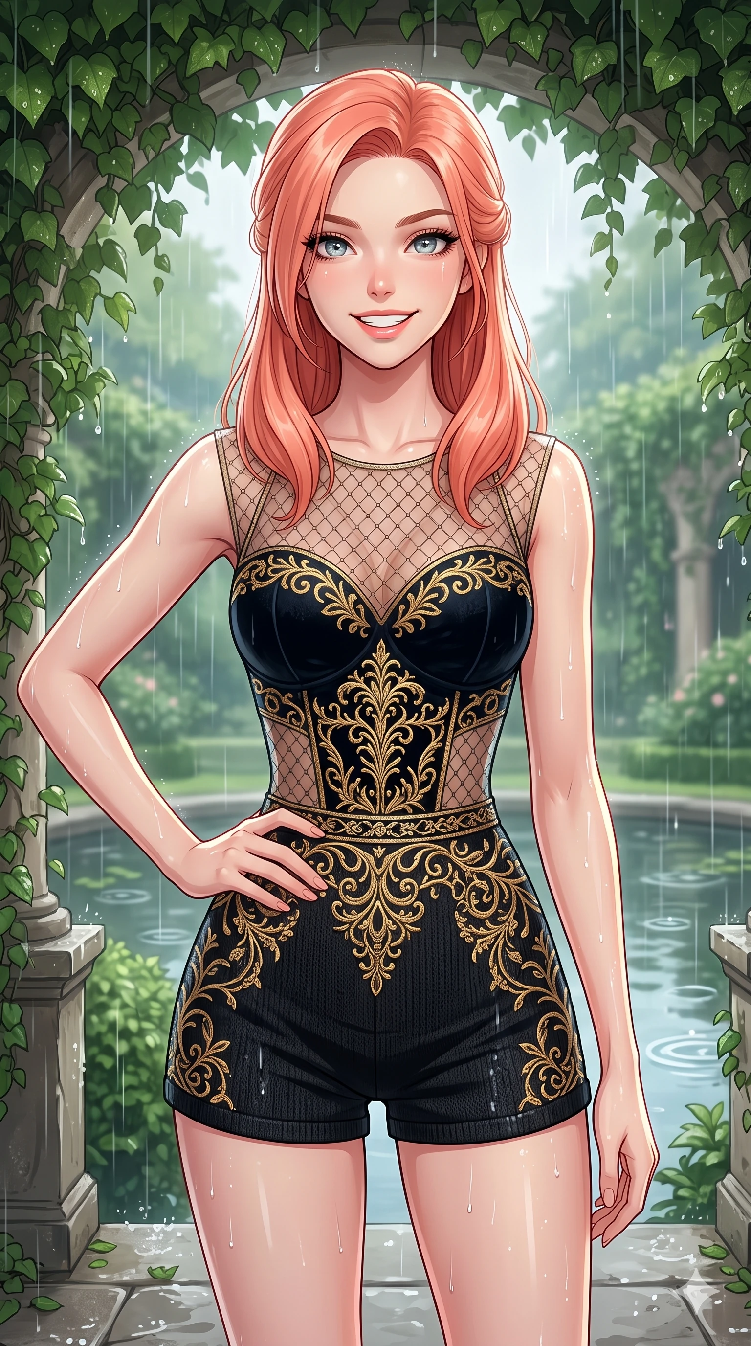 score_9, masterpiece, best quality, ultra-detailed, high-budget anime keyframe, vibrant anime aesthetic, Japanese woman. close-up cowboy shot from the waist and thighs up, the character dominates the composition, filling the frame with her large presence, background elements kept in soft focus. She is posing with a bright, energetic grin, her eyes glowing with energy, with her eyes bright and full of life with a captivating and confident presence. the background shows a soft-focus stone terrace of a classic villa under a leafy ivy canopy, during a warm summer rain shower (Code-P22-172). She has an absolutely perfect proportion, an exceptionally elegant and slender female figure with an ultra-slim waist. V-shaped jawline, high-bridge nose, intricate jewel-like eyes with depth, thick eyelashes, glossy lips with a natural sheen. wearing a delicate mesh overlay worn over a structured velvet bodice and knit shorts in midnight black with gold embroidery. She is drenched in soft, diffused light of a rainy afternoon, creating clean outlines, accentuating her slender silhouette by the quiet garden pond. 2k, ultra detail, master piece, 9:16 ratio