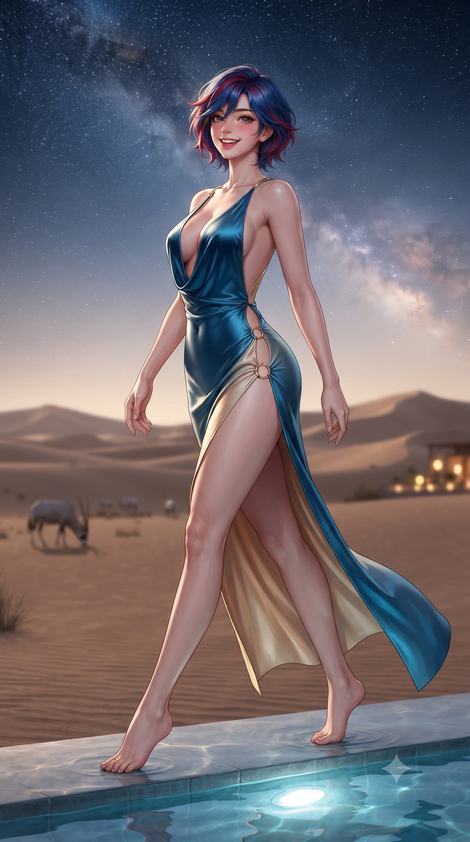 score_9, masterpiece, best quality, ultra-detailed, high-budget anime keyframe, editorial fashion photography, tasteful artistic composition, Korean woman. low angle full-body shot from head to toe showing her feet, filling the entire 9:16 vertical frame with her statuesque presence, stretching her vertical silhouette. stepping forward in a confident stride, her long slender legs and curvaceous hips creating a dynamic, sweeping vertical line while standing poised on the submerged pool ledge looking out into the vast silent desert, arching her spine with nocturnal siren poise. The background shows a soft-focus vast untouched desert dunes under an astonishingly clear Milky Way galaxy arc, Arabian oryx grazing in distance, and warm villa lights blurred into sapphire, bronze, and diamond bokeh. She has an exceptionally tall and slender model-like 8.5-heads proportion, an ultra-slim waist, a flat toned midriff, narrow delicate ribcage, and beautifully sculpted feminine hips creating a graceful, slim hourglass silhouette without any bulky heaviness, with impossibly long slender legs. sharp v-shaped jawline, high-bridge nose, intricate jewel-like sparkling eyes with depth, thick eyelashes, glossy parted lips with a natural peach sheen, bright cheerful beaming smile with an enchanting and coquettish sensual glint, exuding both youthful cute charm and seductive allure, flawlessly proportioned anatomical accuracy, strict slender model proportions, natural body alignment, perfectly sculpted long slender limbs, ultra-slim waistline, clean dynamic posture without body distortion. wearing a deep plunge-neck stretch velvet gown with a daring thigh-high side slit and open cowl back in Monaco Mediterranean azure blue and champagne gold, crafted from fluid liquid silk satin that clings smoothly to her narrow waist and rounded hips with a dewy sheen, finished with fine gold ring clasps securing the daring side openings along her hip line, the liquid-tight tailored fabric clinging flawlessly to her narrow waist and rounded feminine hips, emphasizing every millimeter of her sculpted slim hourglass curves without any bulky heaviness. illuminated by pool caustics bounce and crisp silver-gold rim lights defining her razor-sharp jawline, narrow waist, and curvy hips. ultra-reflective glossy finish, specular highlights, rich textural contrasts, high-contrast stereoscopic depth, volumetric dynamic lighting, 2k, ultra detail, master piece, 9:16 ratio