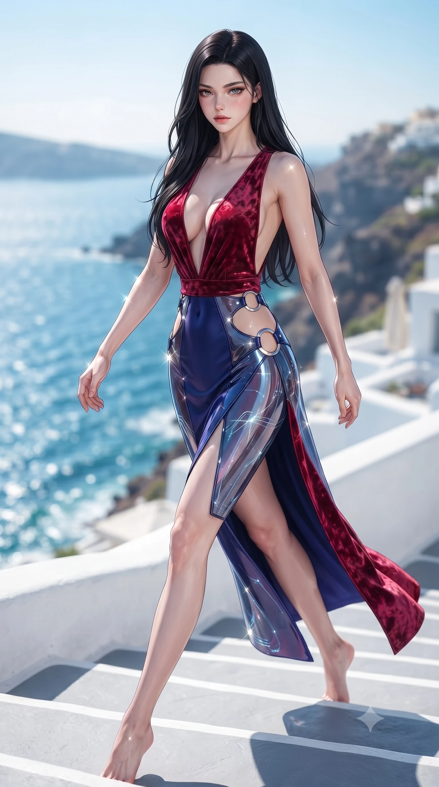 score_9, masterpiece, best quality, ultra-detailed, high-budget anime keyframe, editorial fashion photography, tasteful artistic composition, Korean woman. low angle full-body shot from head to toe showing her feet, filling the entire 9:16 vertical frame with her statuesque presence, stretching her vertical silhouette. striding forward in a proud, statuesque motion with a dangerous smolder, her vertical silhouette dominating the frame from head to toe while pivoting dynamically on white caldera steps with a breathtaking view of the sparkling sunlit Mediterranean sea. The composition keeps background elements in soft focus with creamy bokeh. sparkling turquoise sea waves and white cliffside architecture blurred into creamy, sun-drenched azure bokeh. She has an absolutely perfect, statuesque 8.5-heads proportion, an exceptionally tall and slender model-like female figure with impossibly long slender legs, a toned flat midriff, and an ultra-slim waist. sharp v-shaped jawline, high-bridge nose, intricate jewel-like eyes with depth, thick eyelashes, glossy lips with a natural sheen, flawlessly proportioned anatomical accuracy, strict slender model proportions, natural body alignment, perfectly sculpted long slender limbs, ultra-slim waistline, clean dynamic posture without body distortion. wearing a backless crimson crushed velvet gown with a deep plunging V-neckline, strategic hip cutouts, and an ultra-high thigh slit in deep royal navy blue and specular chrome, tailored from semi-translucent cybernetic vinyl with glowing micro-filaments, detailed with polished silver rings connecting the daring side-waist cutouts, the form-contouring material adhering flawlessly to her sculpted flat midriff and slender torso, emphasizing her long leg lines and perfectly proportioned willowy build. illuminated by clear sky fill light and sparkling specular highlights tracing her slender curves. ultra-reflective glossy finish, specular highlights, metallic sheen, high-contrast stereoscopic depth, volumetric dynamic lighting, 2k, ultra detail, master piece, 9:16 ratio