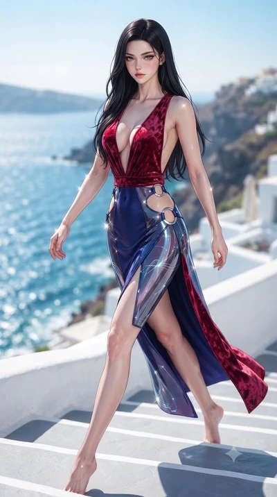 score_9, masterpiece, best quality, ultra-detailed, high-budget anime keyframe, editorial fashion photography, tasteful artistic composition, Korean woman. low angle full-body shot from head to toe showing her feet, filling the entire 9:16 vertical f