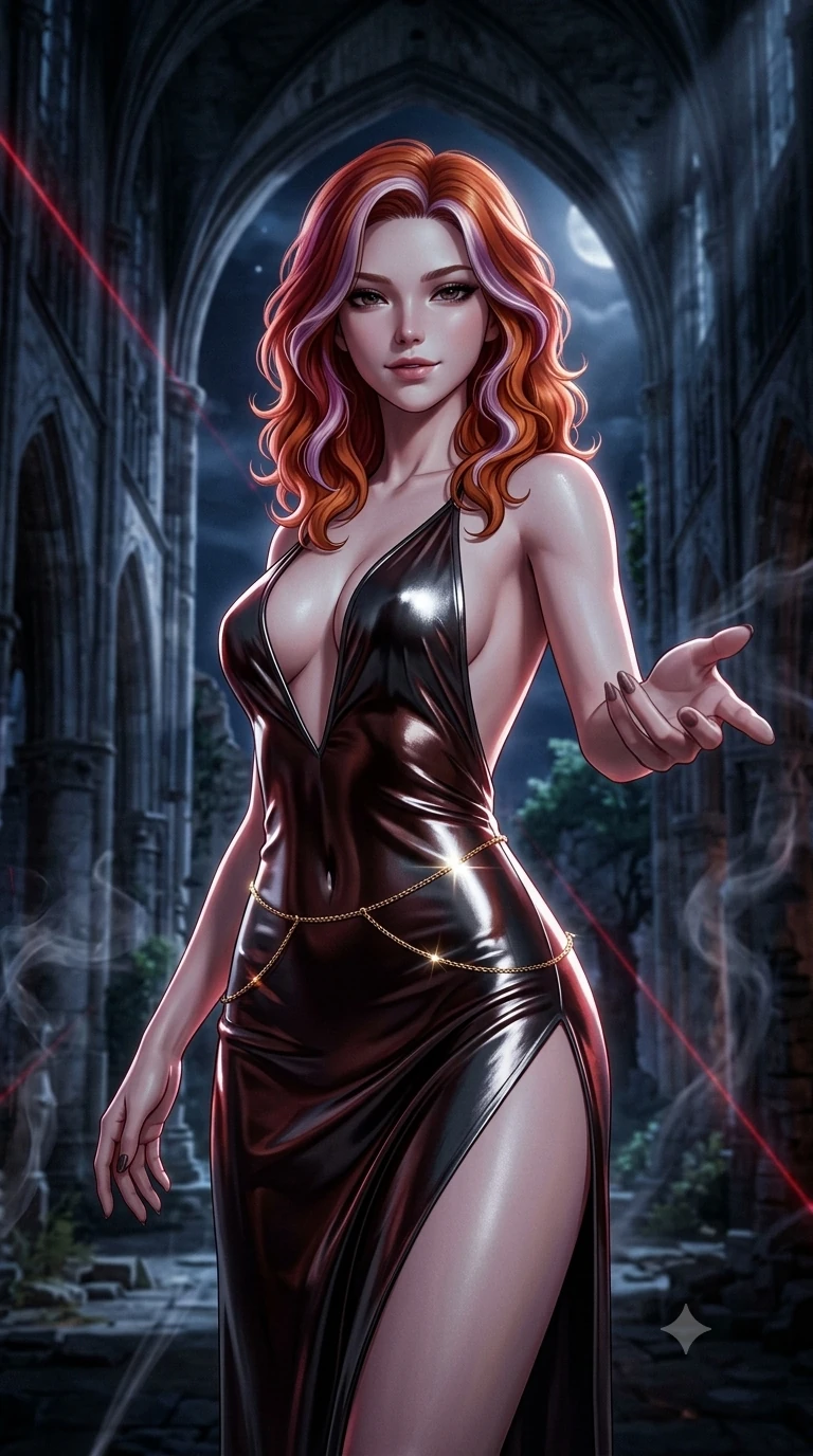 score_9, masterpiece, best quality, ultra-detailed, high-budget anime keyframe, semi-realistic 3D game render, editorial fashion photography, tasteful artistic composition, Caucasian woman. close-up cowboy shot from the waist and thighs up, the character dominates the composition, filling the frame with her large presence. reaching one hand toward the viewer with relaxed dark elegance, her sculpted waistline catching specular highlights while twisting her slender torso in an alluring contrapposto stance beneath the vaulted stone arches, moonlight and crimson laser rays tracing her curves. The background shows a soft-focus ancient ruined European cathedral softened in gothic nocturnal shallow focus. She has an exceptionally elegant, slender, and willowy female figure with an ultra-slim waist, flat toned midriff, narrow ribcage, and sculpted feminine hips creating an alluring, slim hourglass silhouette without bulk. sharp v-shaped jawline, high-bridge nose, intricate jewel-like dark sparkling eyes with hypnotic seductive depth, thick curled eyelashes, glossy parted lips with a natural wine sheen, alluring bedroom-eyes with an enigmatic smoldering smile, exuding magnetic sovereign charisma and dark avant-garde glamour, flawlessly proportioned anatomical accuracy, strict slender model proportions, natural body alignment, perfectly sculpted long slender limbs, ultra-slim waistline, clean dynamic posture without body distortion. wearing a provocative backless liquid lamé slip dress with plunging neckline and hip-high thigh slit in dark mahogany and brushed gunmetal, crafted from wet-look high-gloss vinyl fabric with dazzling specular surface reflections, accented with a dainty gold belly chain resting across her flat midriff and curving hips, the liquid-tight tailored fabric clinging flawlessly to her narrow waist and rounded feminine hips, emphasizing every millimeter of her sculpted slim hourglass curves without any bulky heaviness. bathed in sharp crimson laser rim light piercing cold midnight shadows and incense smoke. highly saturated vibrant anime colors, detailed shading with soft gradients, rich glossy textures, high-contrast stereoscopic depth, volumetric dynamic lighting, master piece, 9:16 ratio